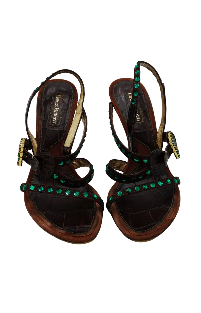 Cesare Paciotti Leather Crystal Embellishments Slingback Sandals, size 38