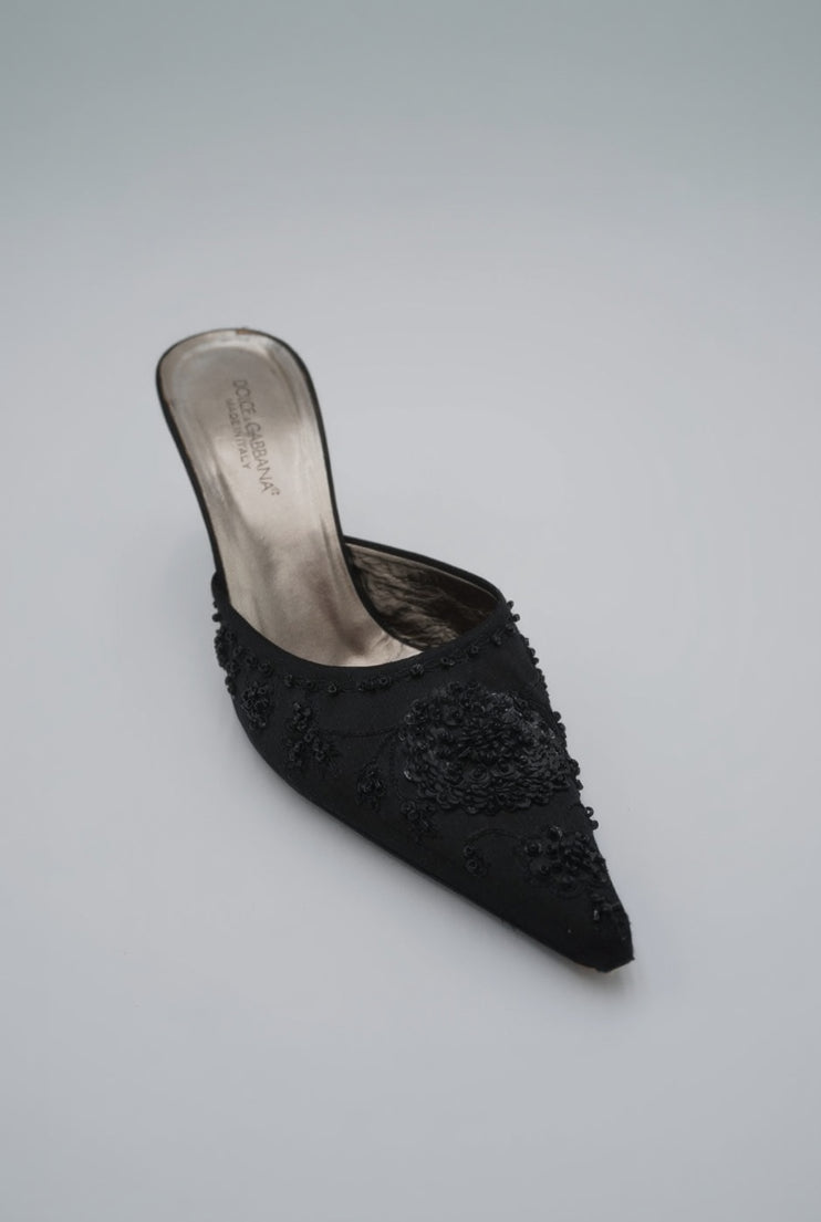 Dolce & Gabbana Black Beaded Satin Mules, size 38