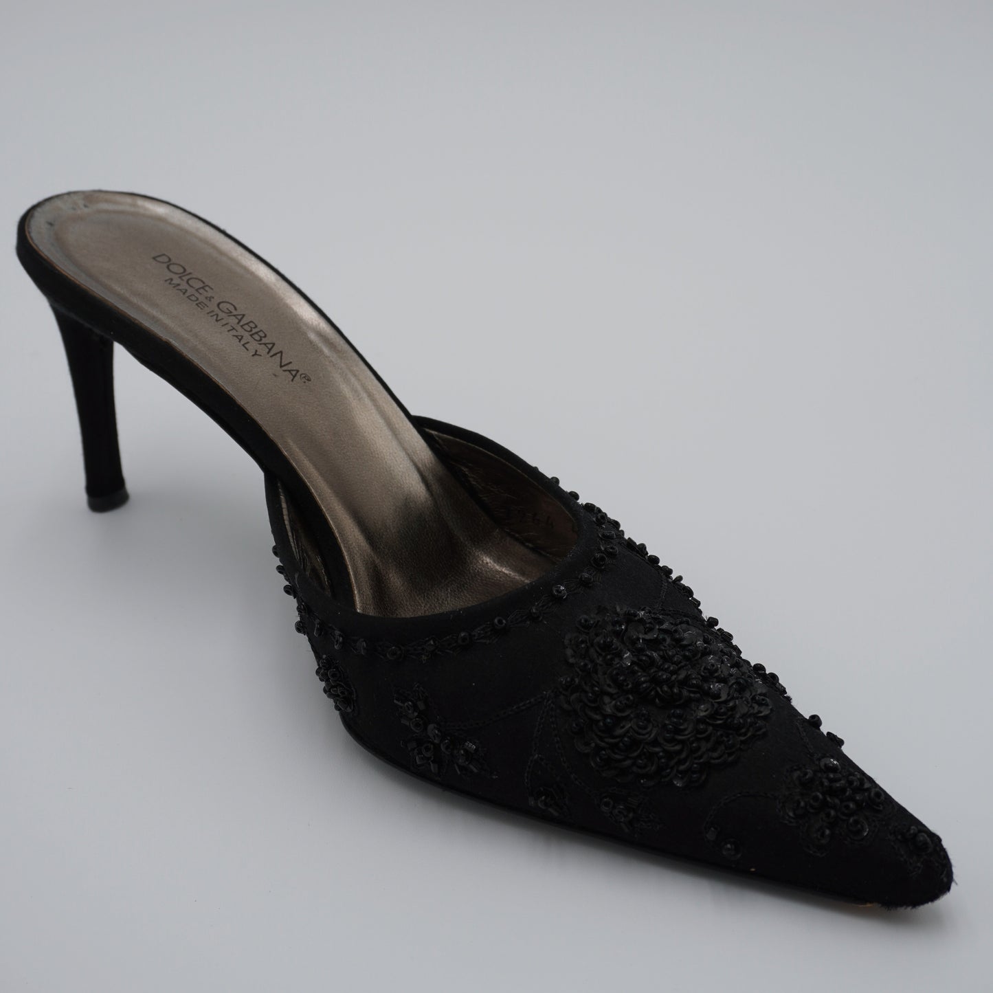 Dolce & Gabbana Black Beaded Satin Mules, size 38
