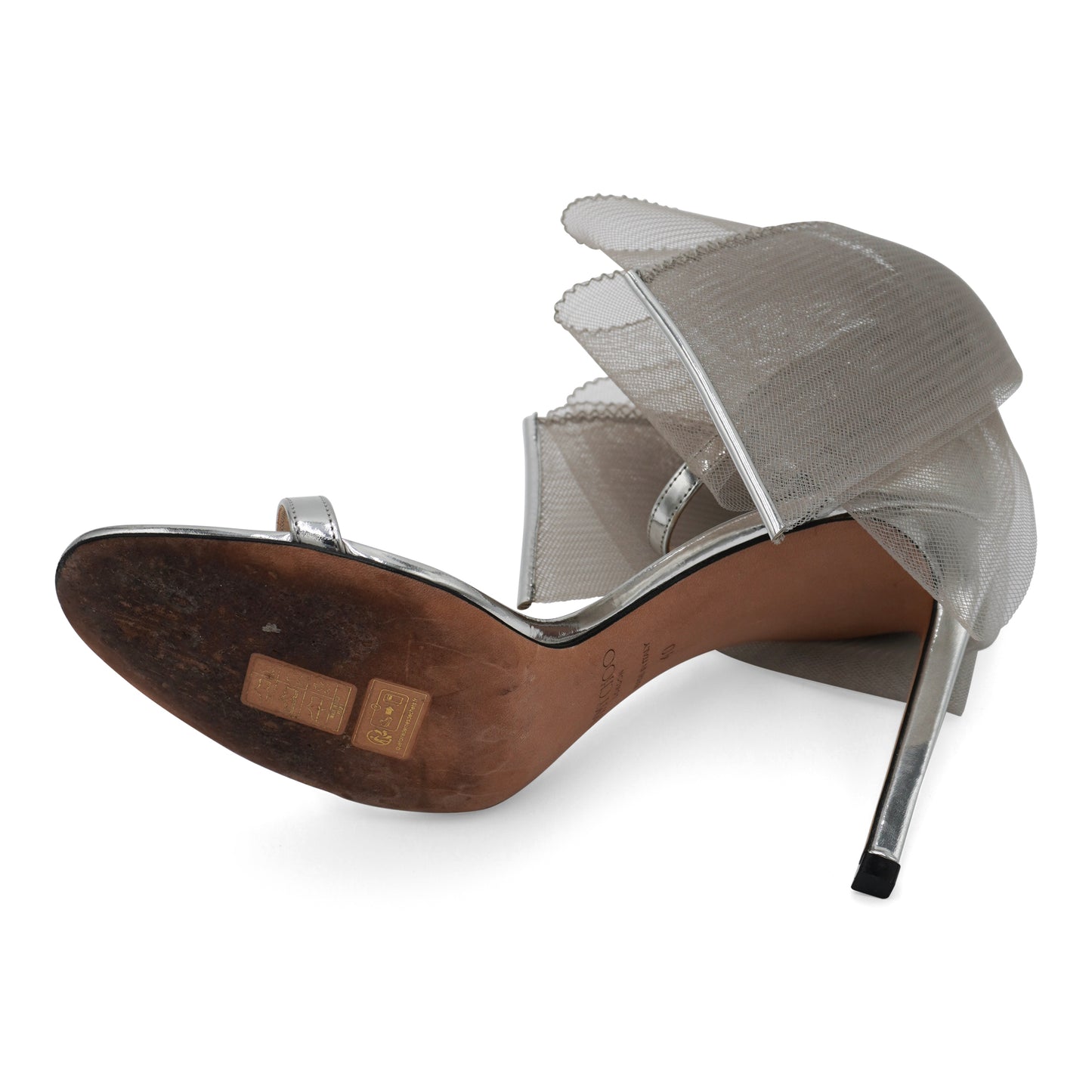 Jimmy Choo Aveline 100 Bow-Embellished Metallic Leather Sandals, size 40