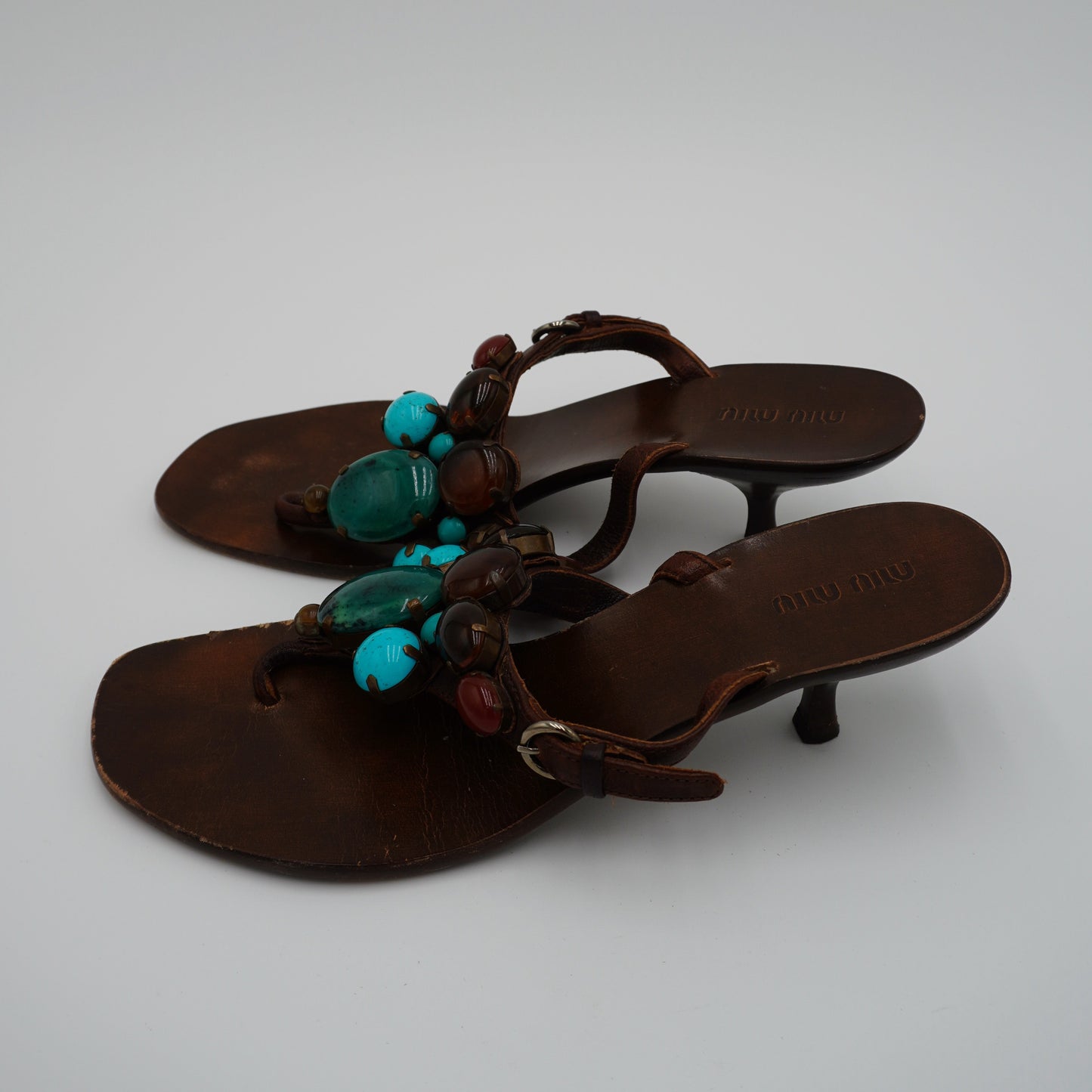 Miu Miui Leather Stone-Embellished Sandals, size 39