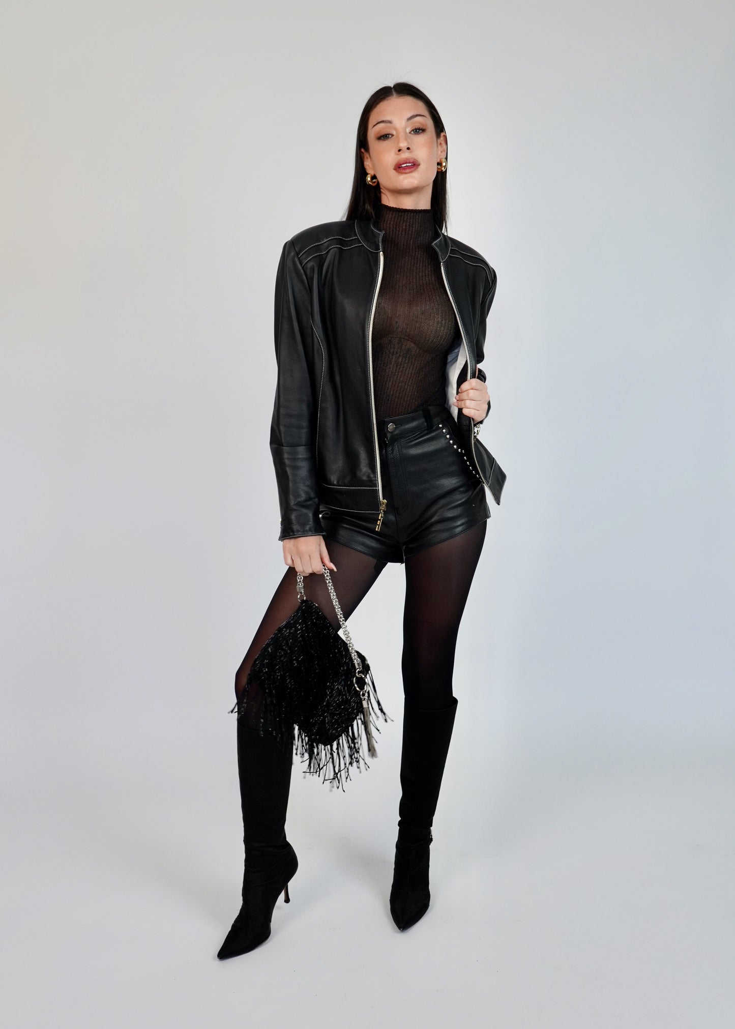 Understated Leather Studded Leather Shorts with Suede Panels