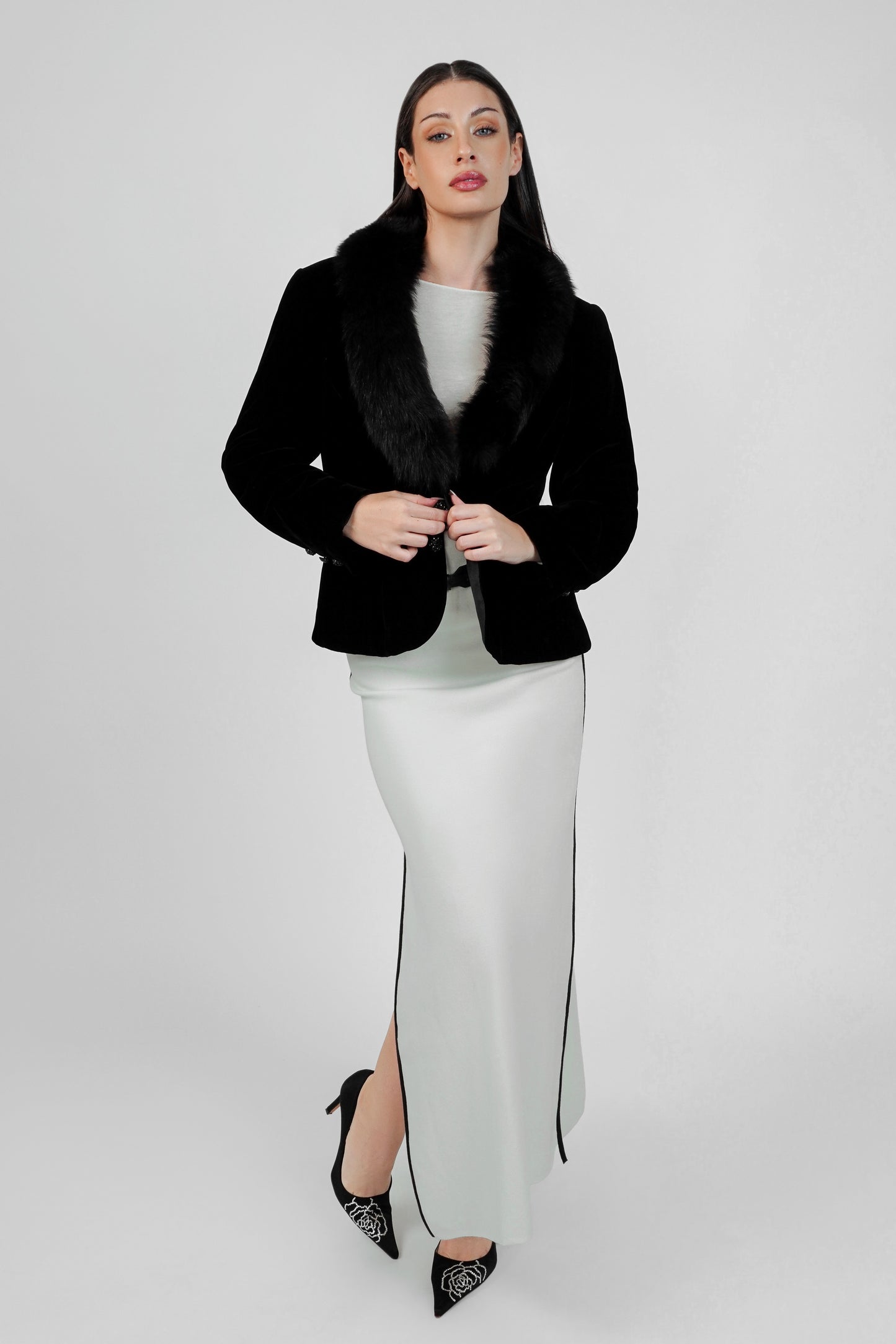 Victor Costa by Nahdreé Velvet Jacket with Faux Fur Collar & Crystal Buttons