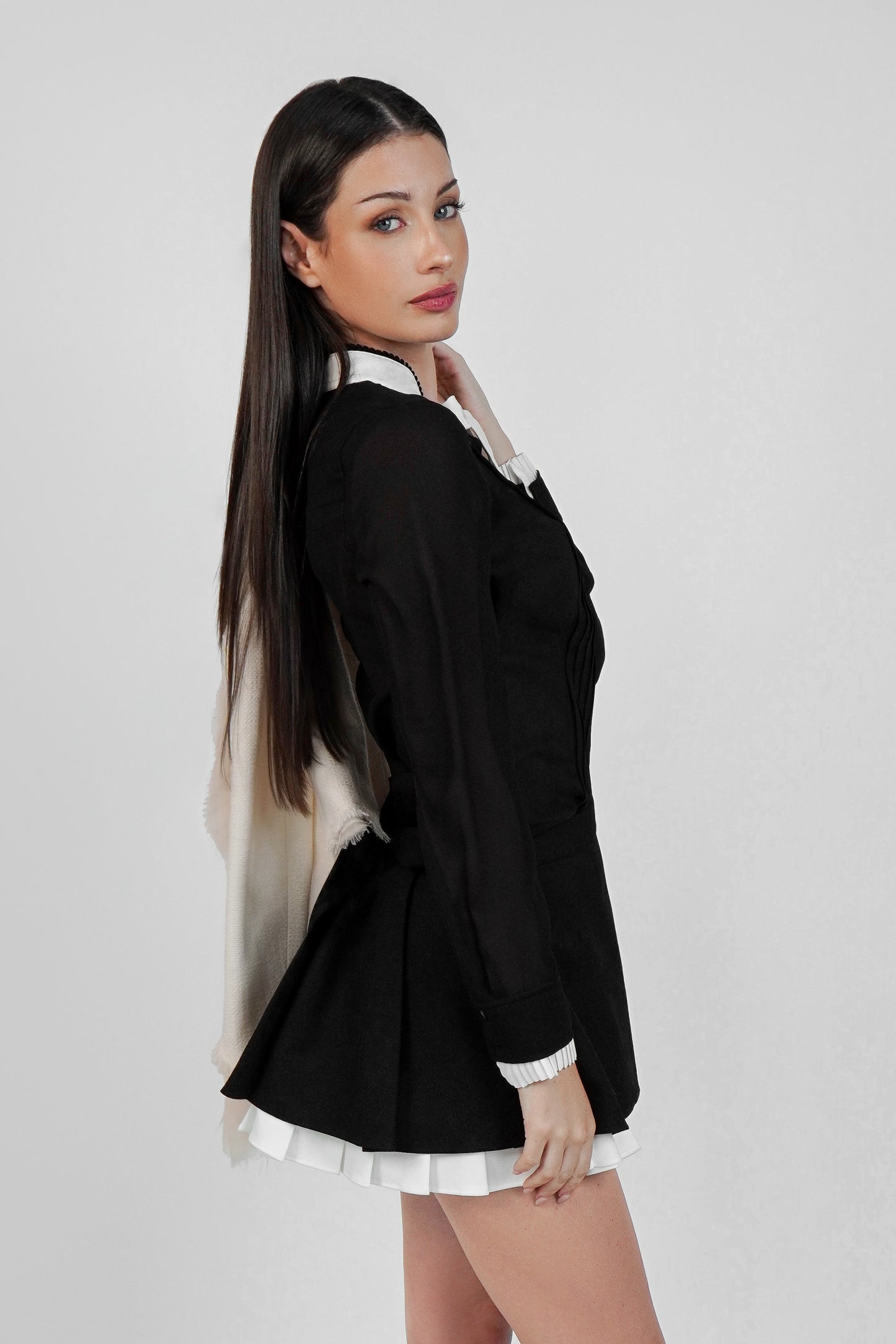 Shushu/Tong Black Pleated Mini Skirt with Contrast Ruffle Hem
