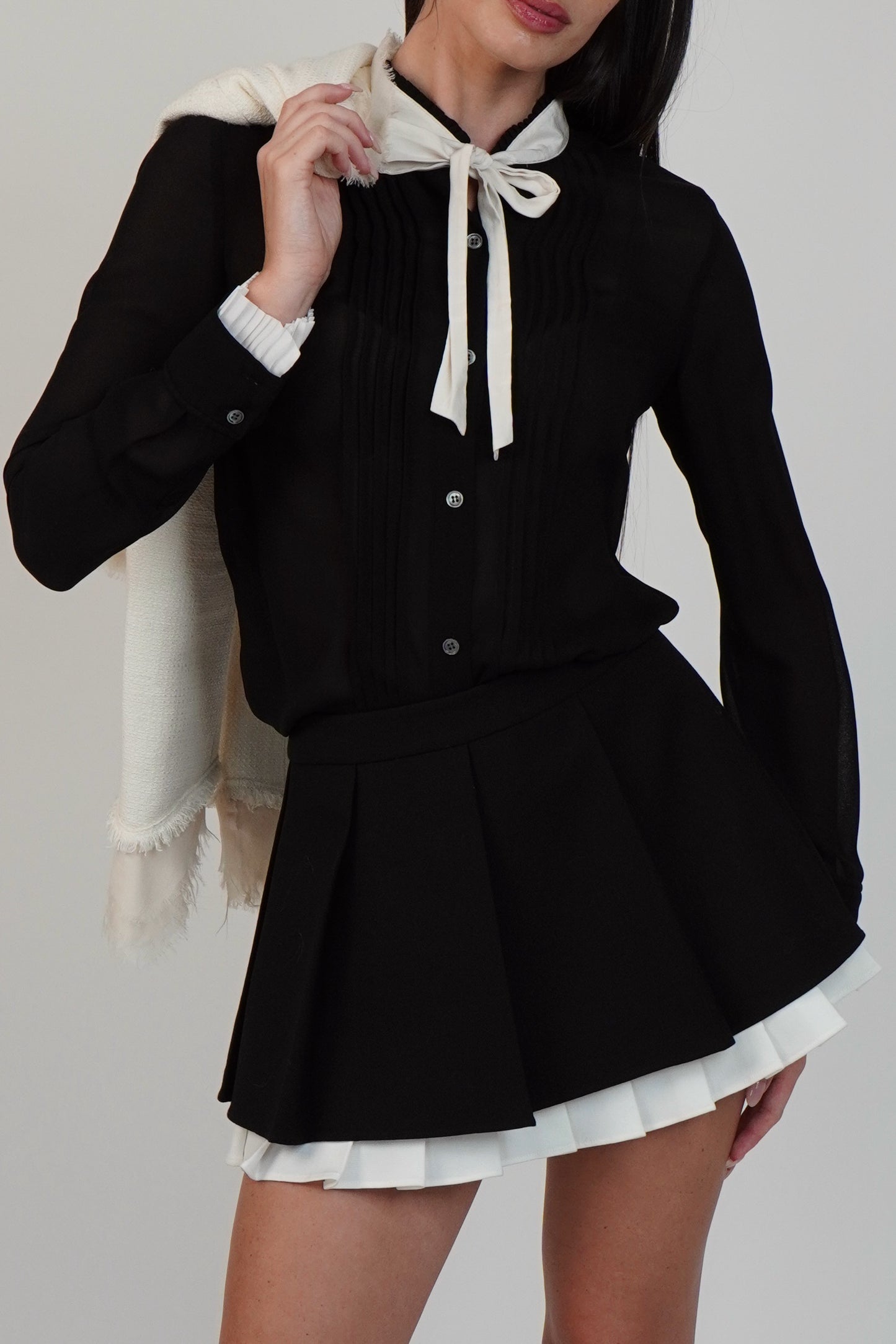 Shushu/Tong Black Pleated Mini Skirt with Contrast Ruffle Hem
