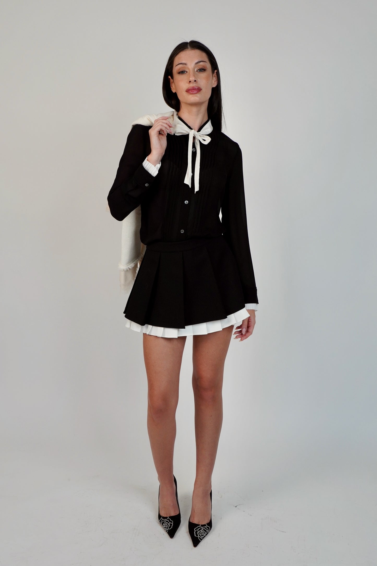 Shushu/Tong Black Pleated Mini Skirt with Contrast Ruffle Hem