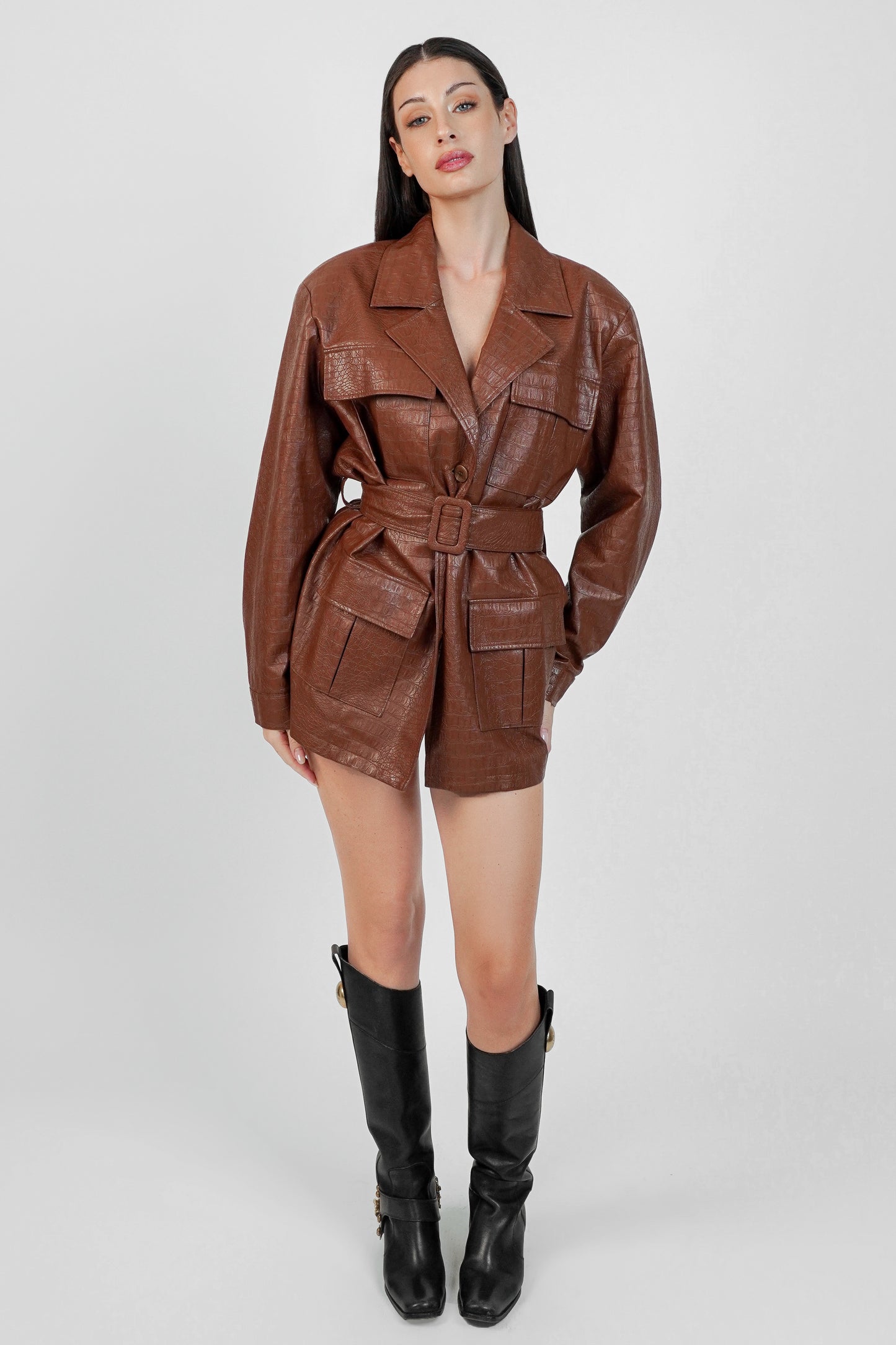 Andamane Faux Leather Belted Jacket