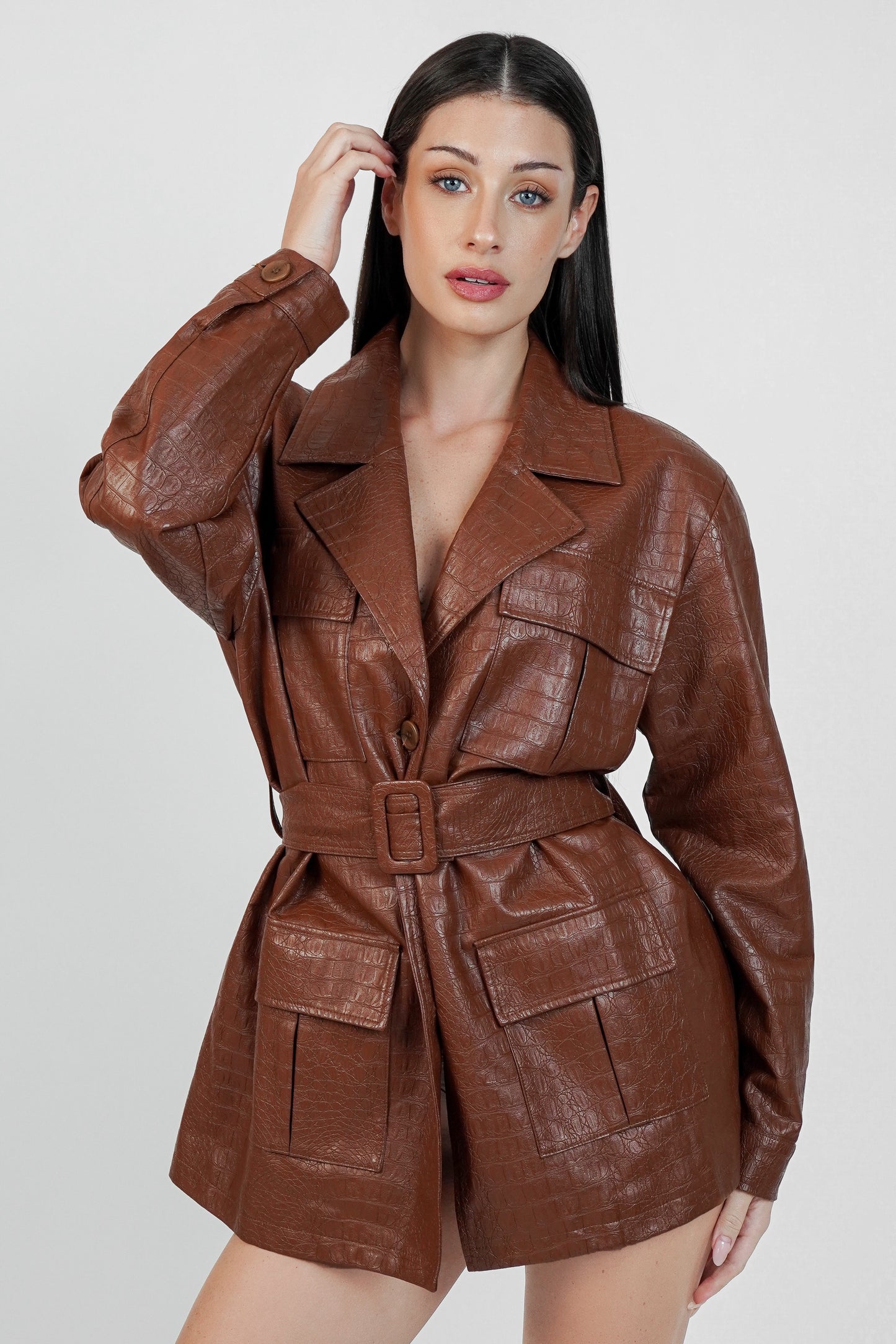 Andamane Faux Leather Belted Jacket