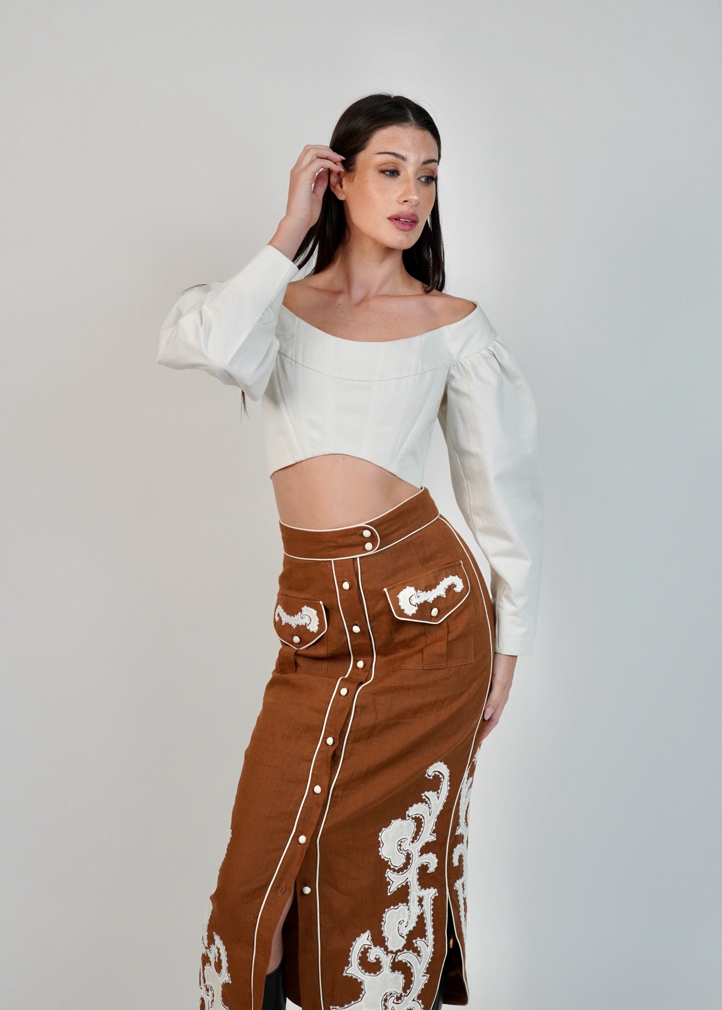 ALÉMAIS Ruby Applique Linen Midi Skirt