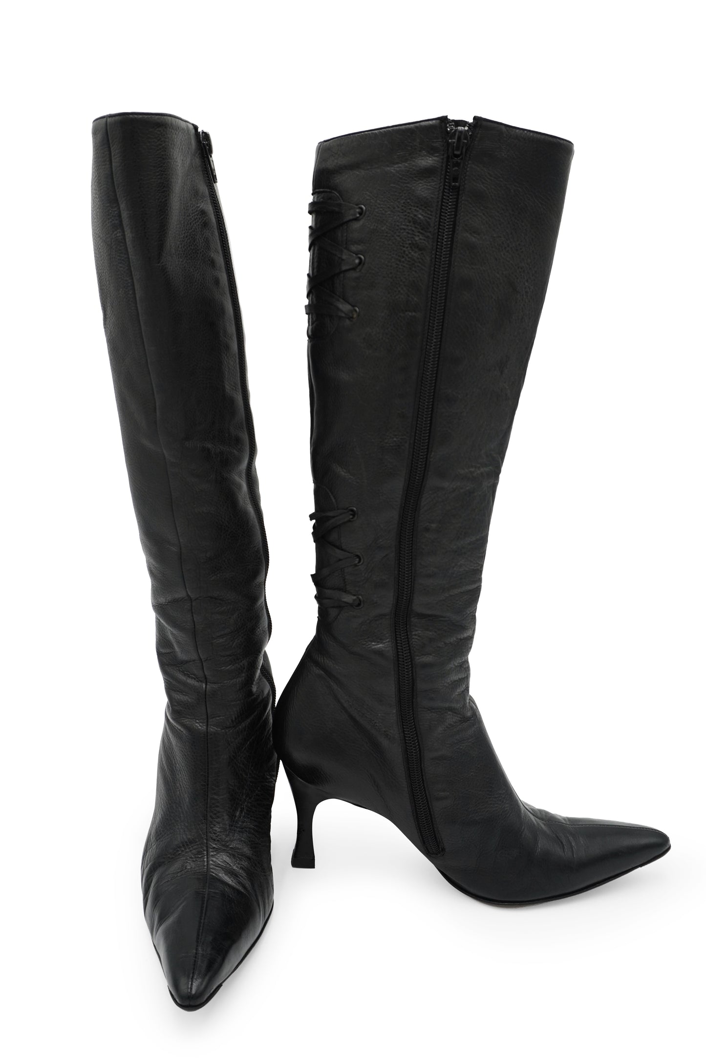 Manolo Blahnik Black Leather Lace-Detail Knee-High Boots