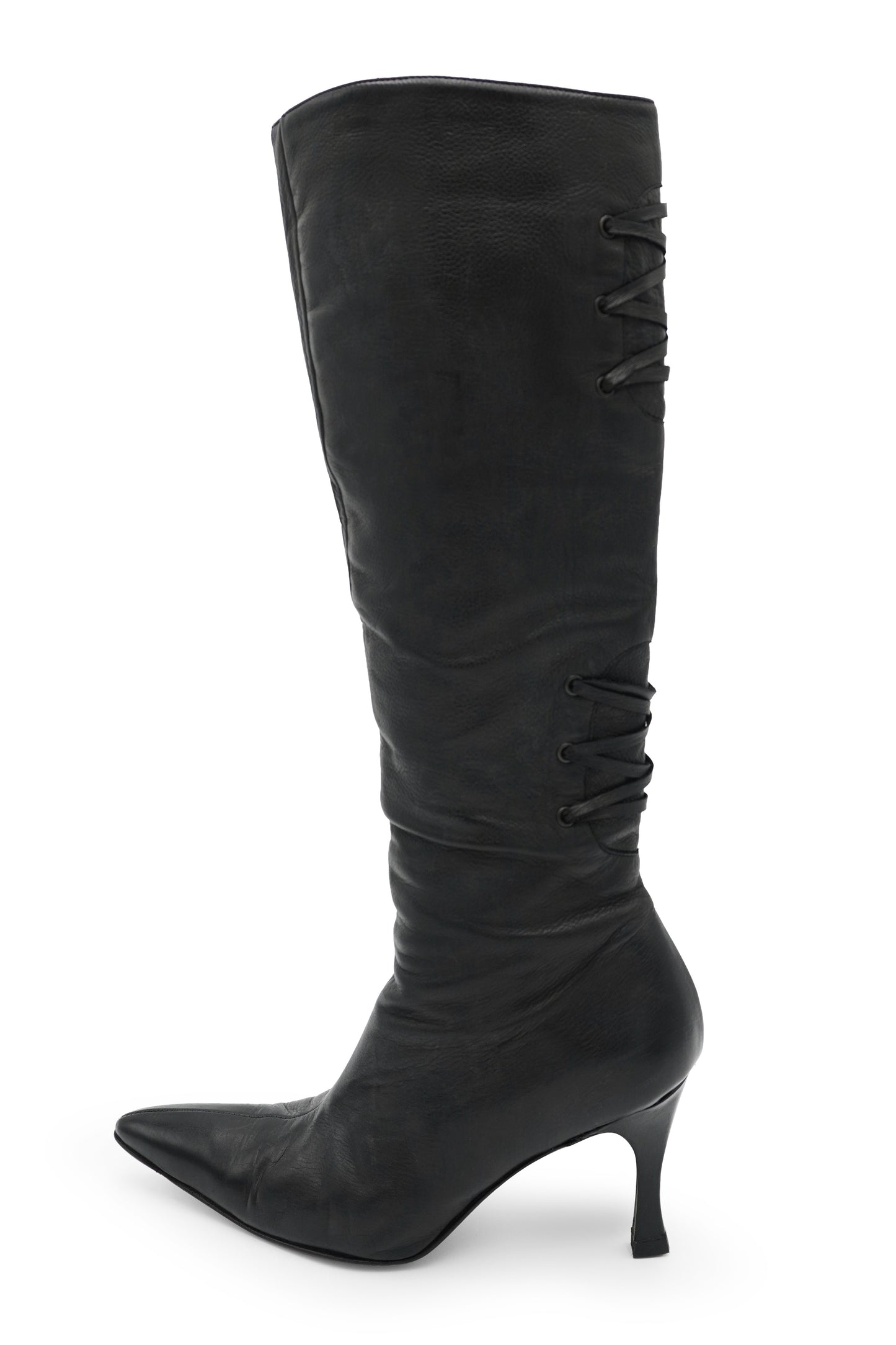 Manolo Blahnik Black Leather Lace-Detail Knee-High Boots