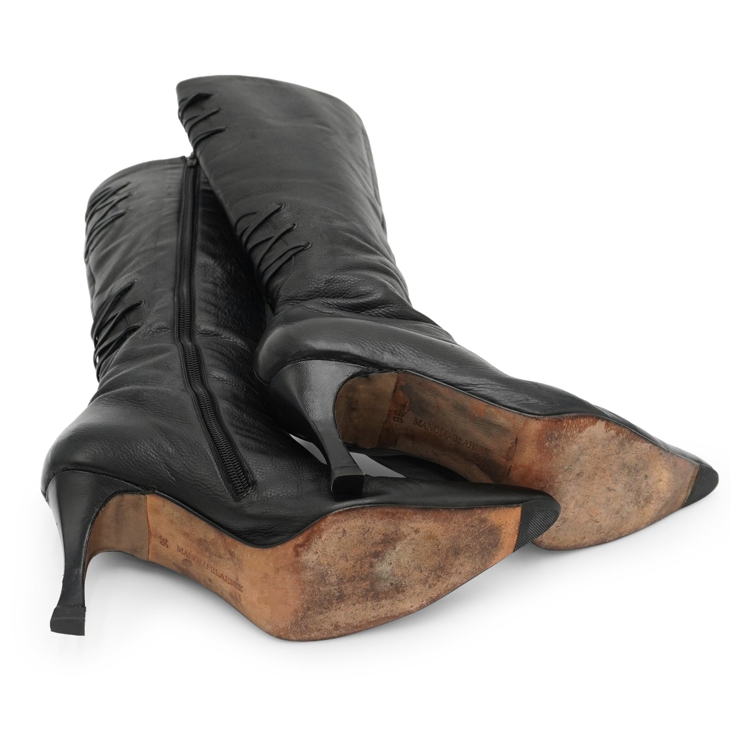 Manolo Blahnik Black Leather Lace-Detail Knee-High Boots