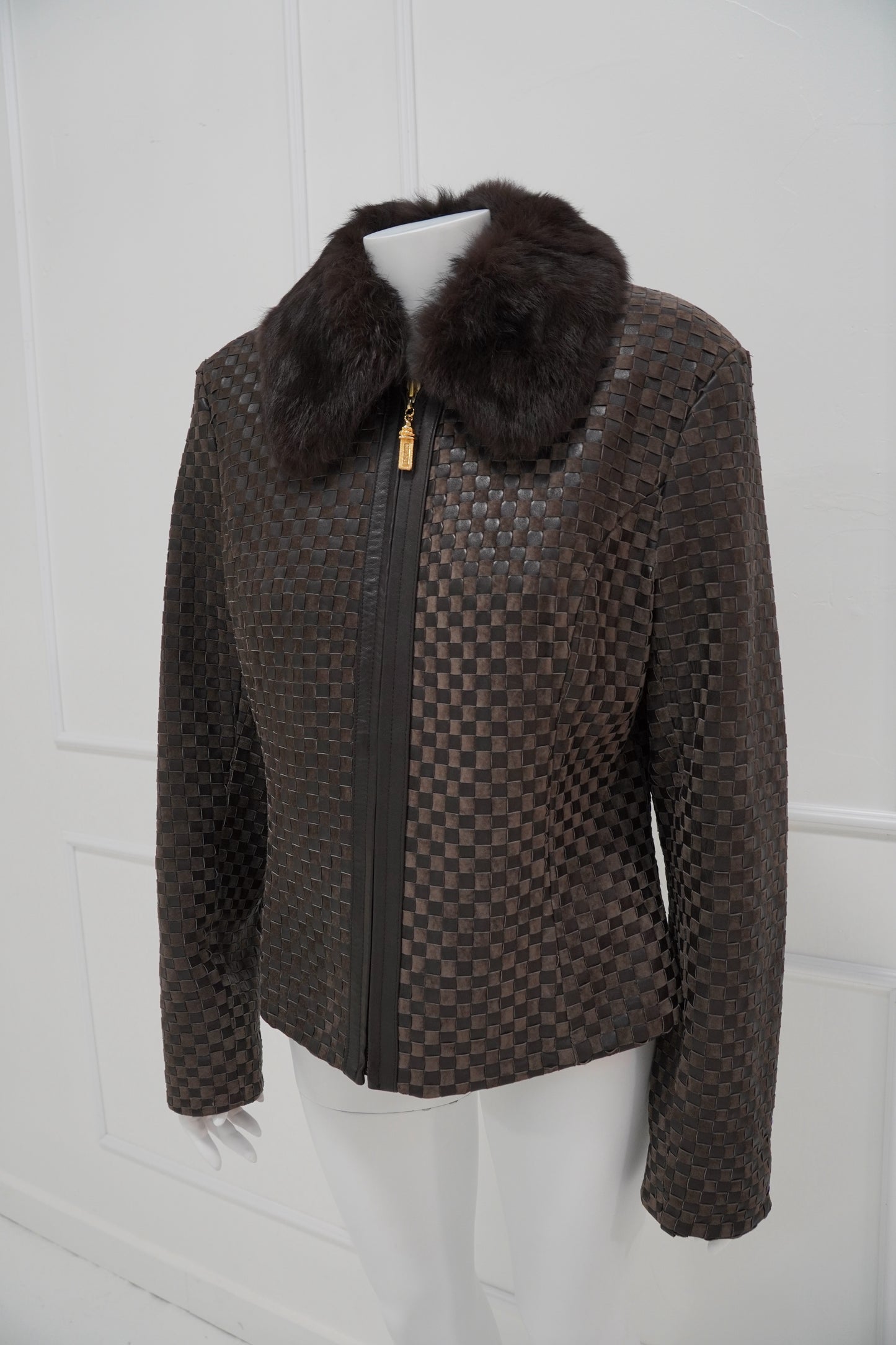 Intrecciato Leather Jacket with Contrast Collar