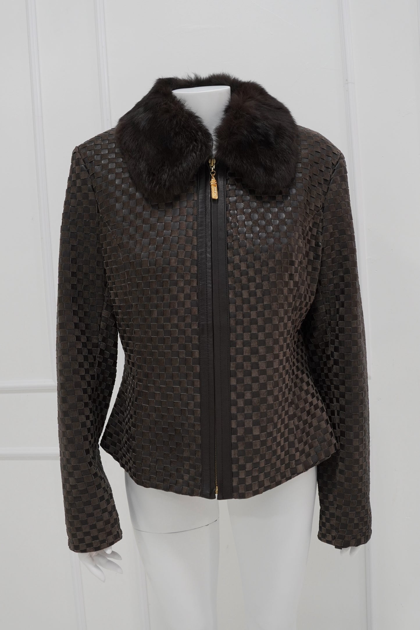 Intrecciato Leather Jacket with Contrast Collar