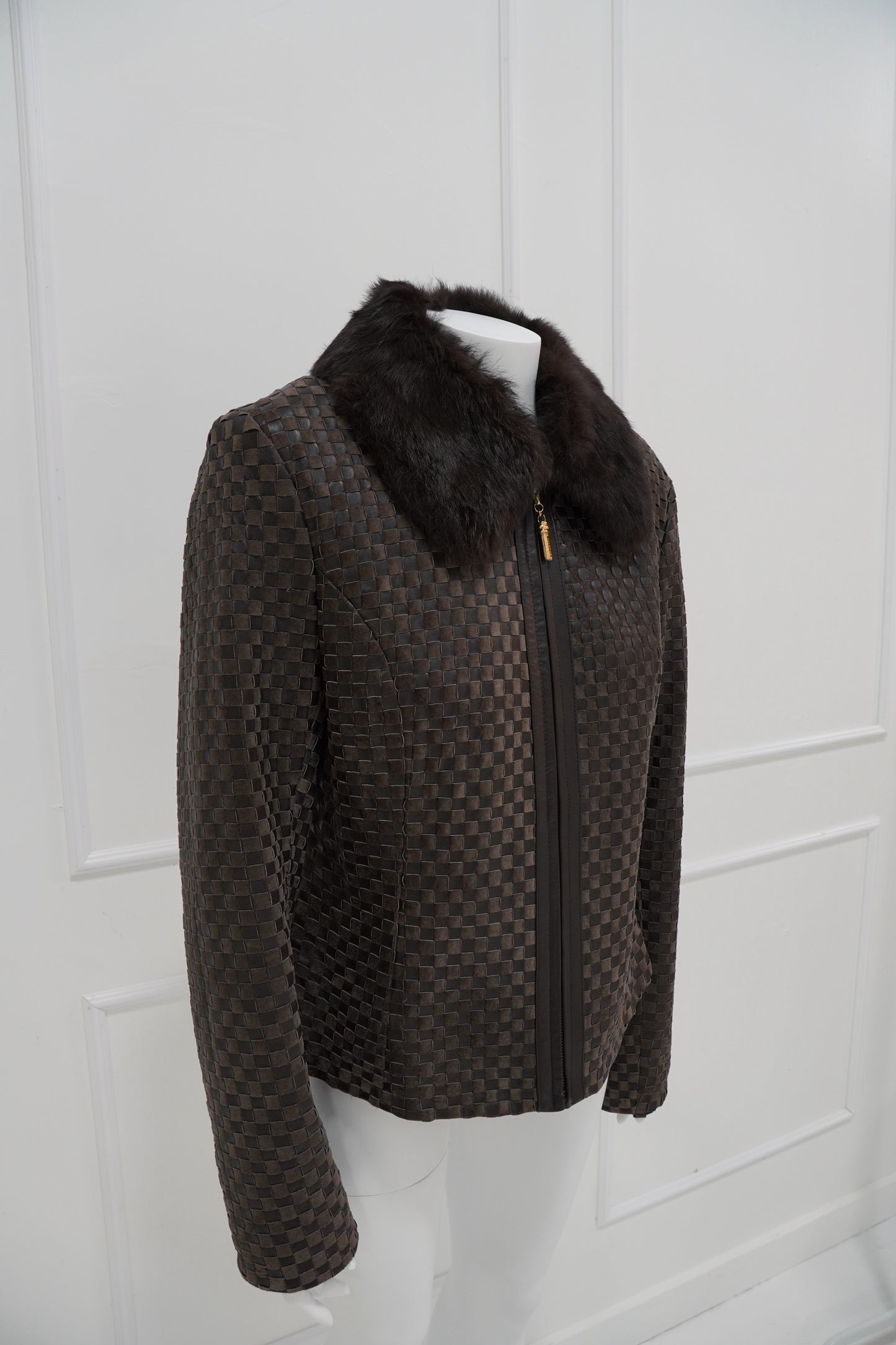 Intrecciato Leather Jacket with Contrast Collar