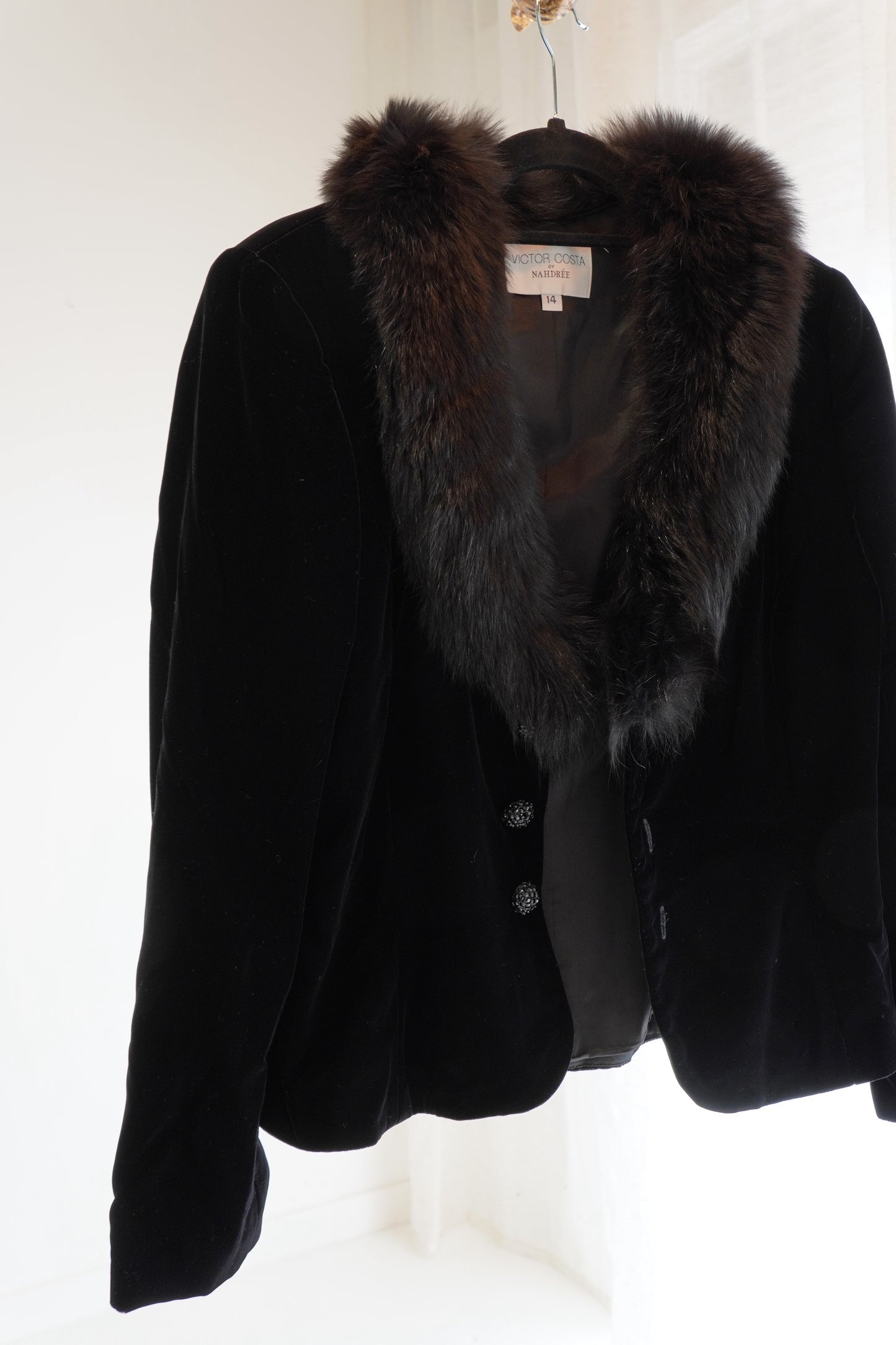 Victor Costa by Nahdreé Velvet Jacket with Faux Fur Collar & Crystal Buttons