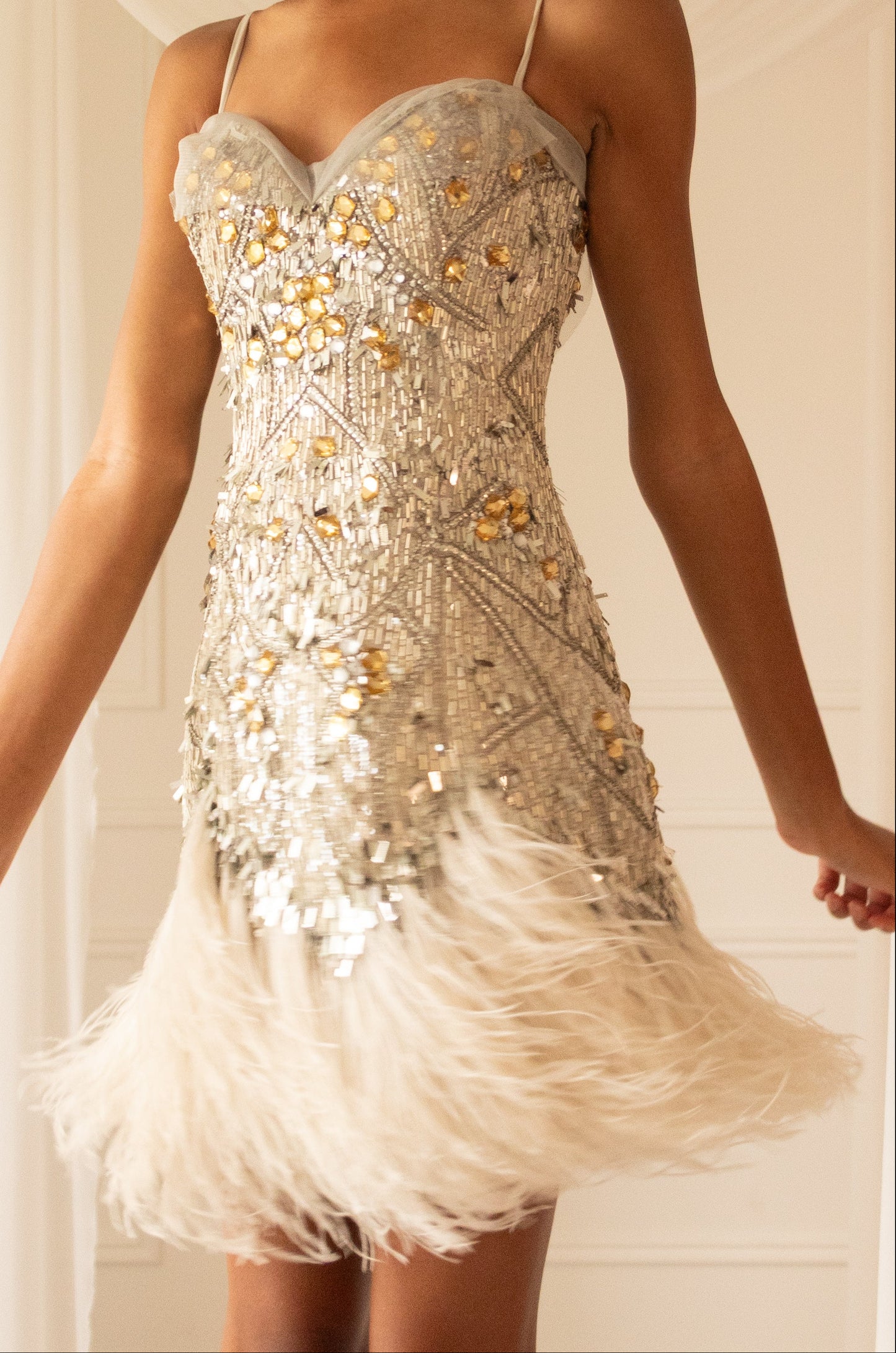 Jenny Packham Beaded Feather Trim Mini Dress, Size S