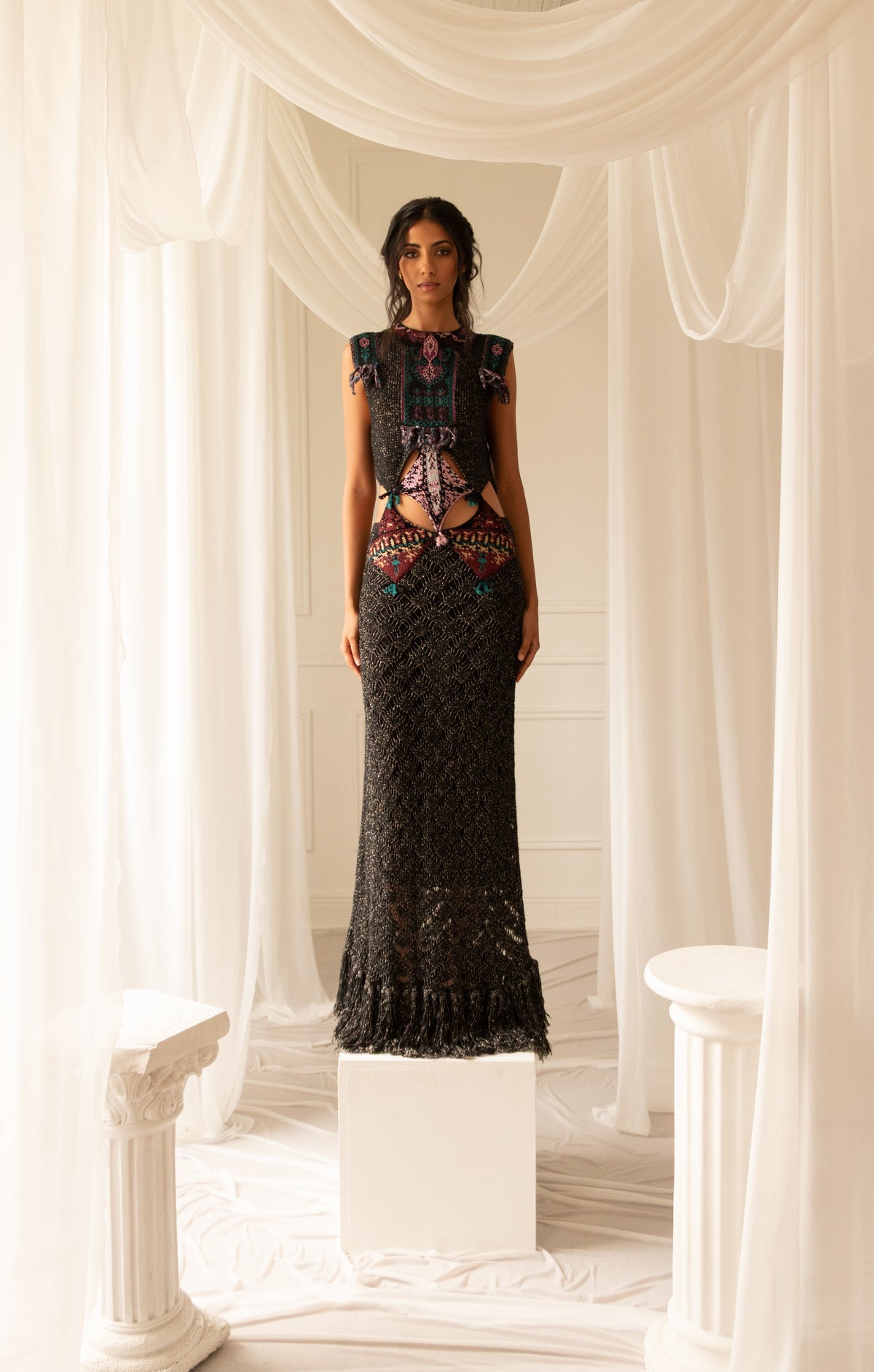 Etro Intarsia-Knit Metallic Cut Out Fringe Maxi Dress