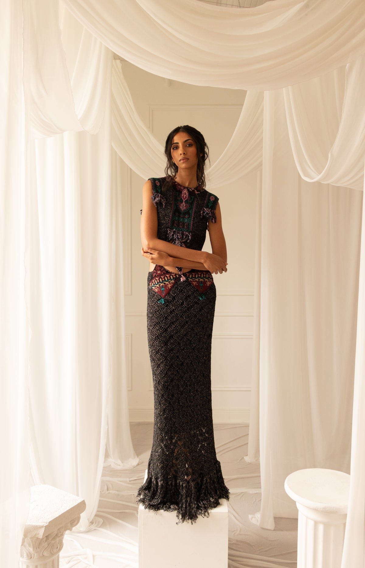 Etro Intarsia-Knit Metallic Cut Out Fringe Maxi Dress