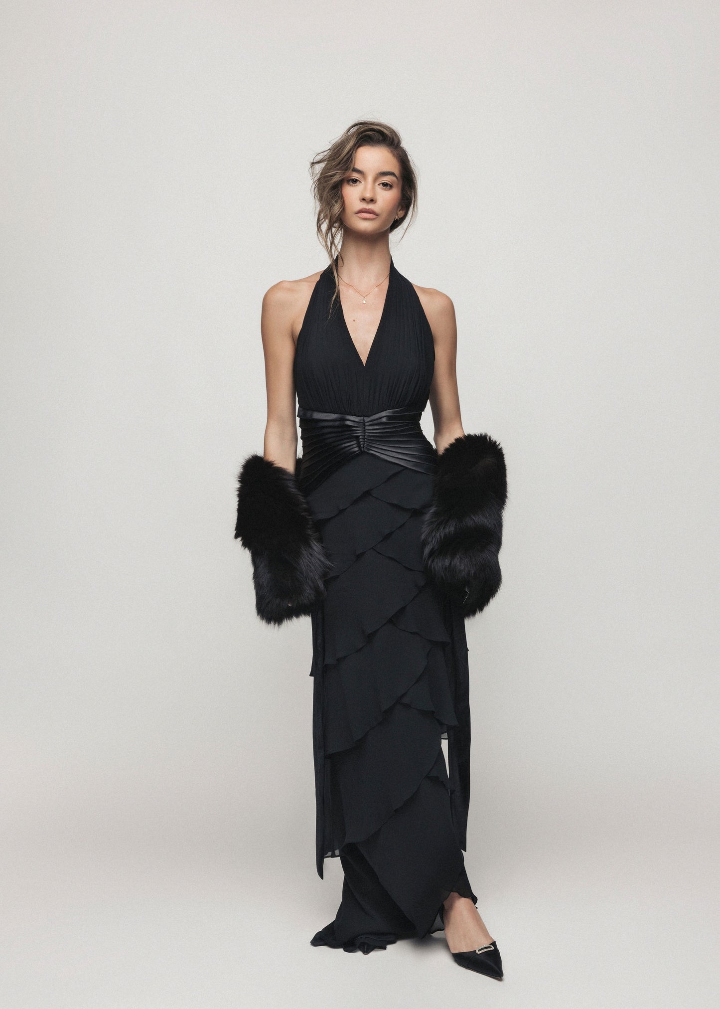 Tadashi Shoji Silk Tiered Evening Gown