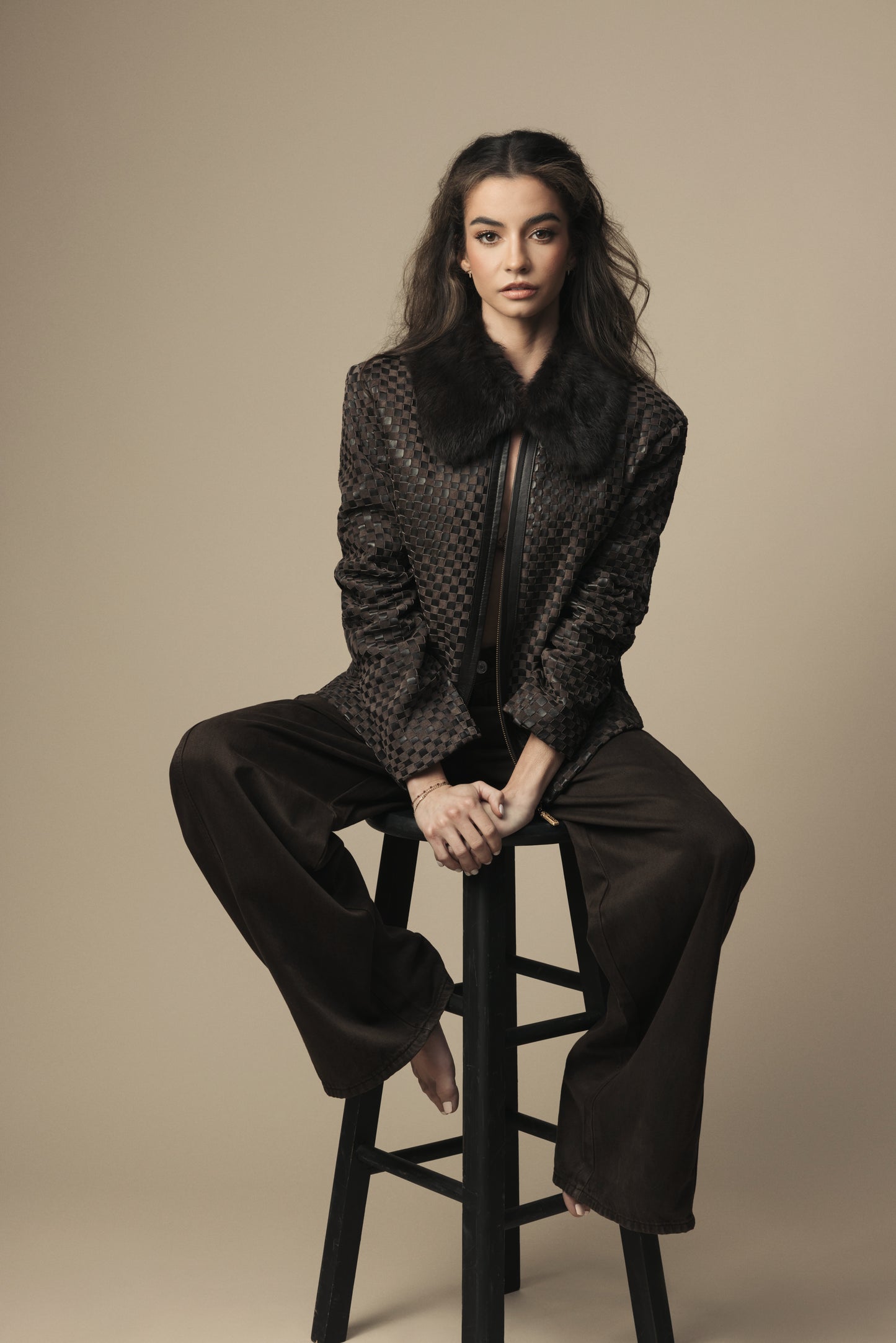 Intrecciato Leather Jacket with Contrast Collar