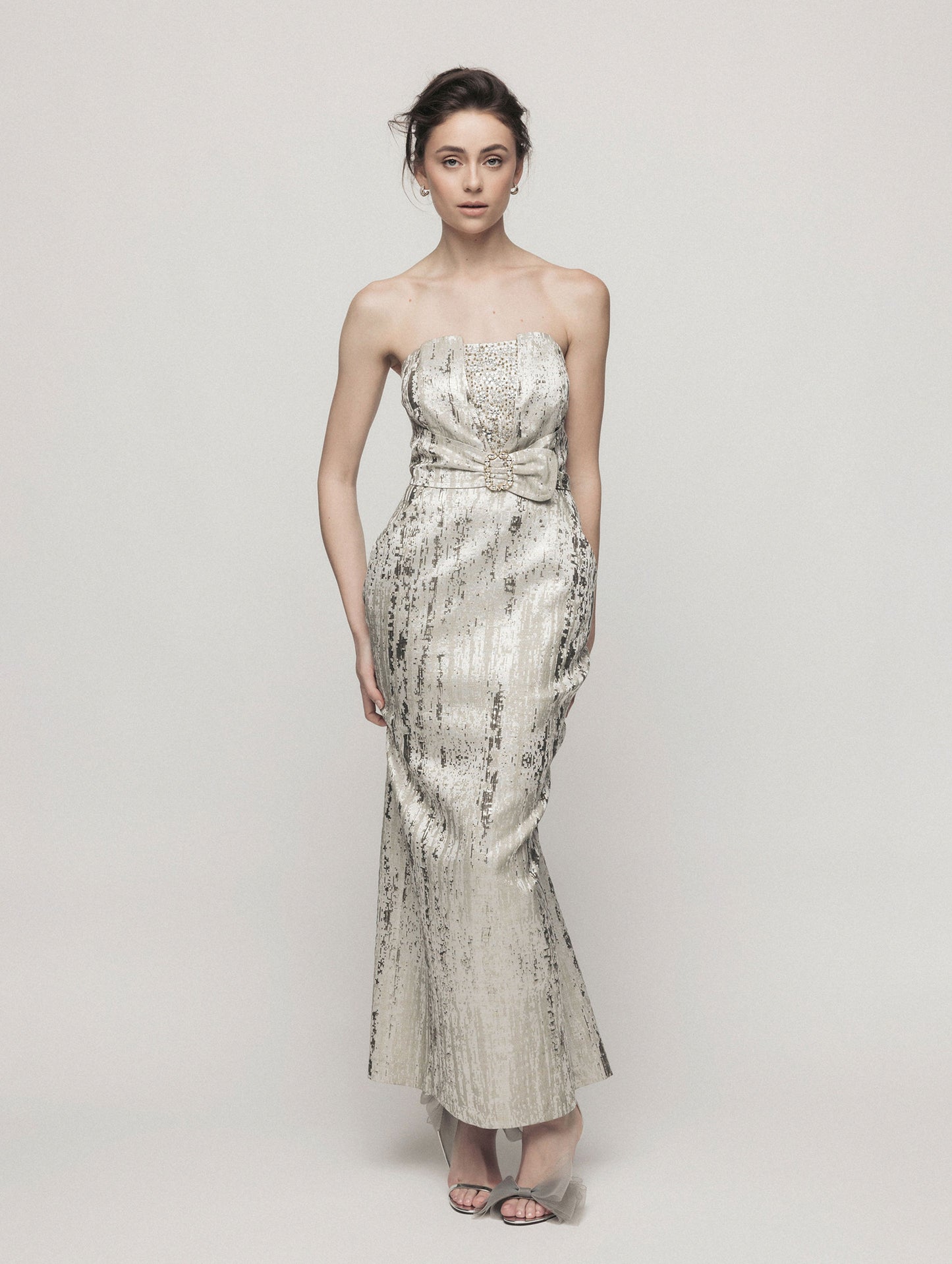 Strapless Metallic Evening Gown
