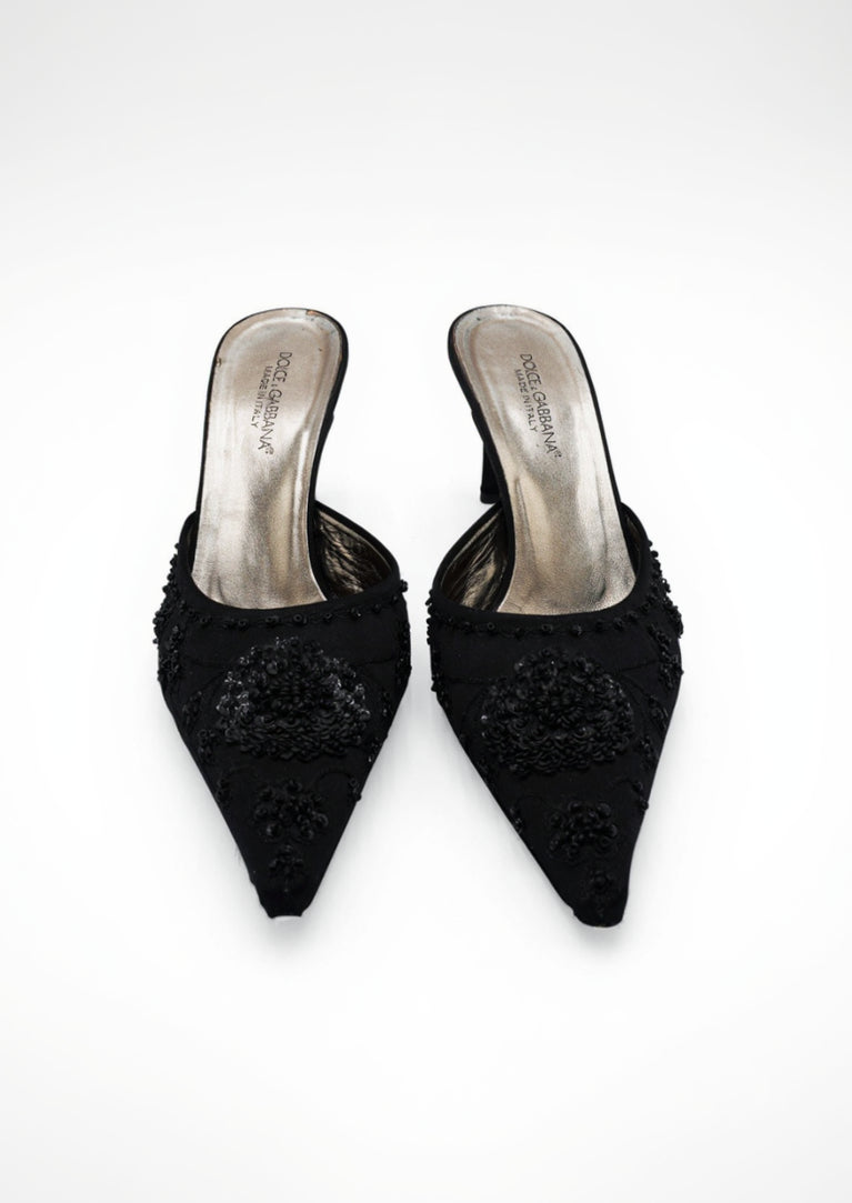 Dolce & Gabbana Black Beaded Satin Mules, size 38