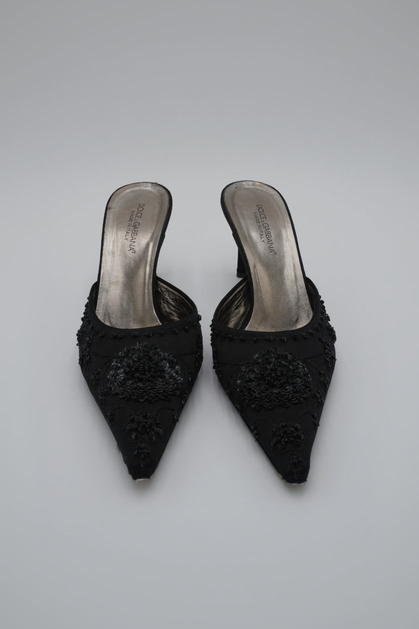 Dolce & Gabbana Black Beaded Satin Mules, size 38