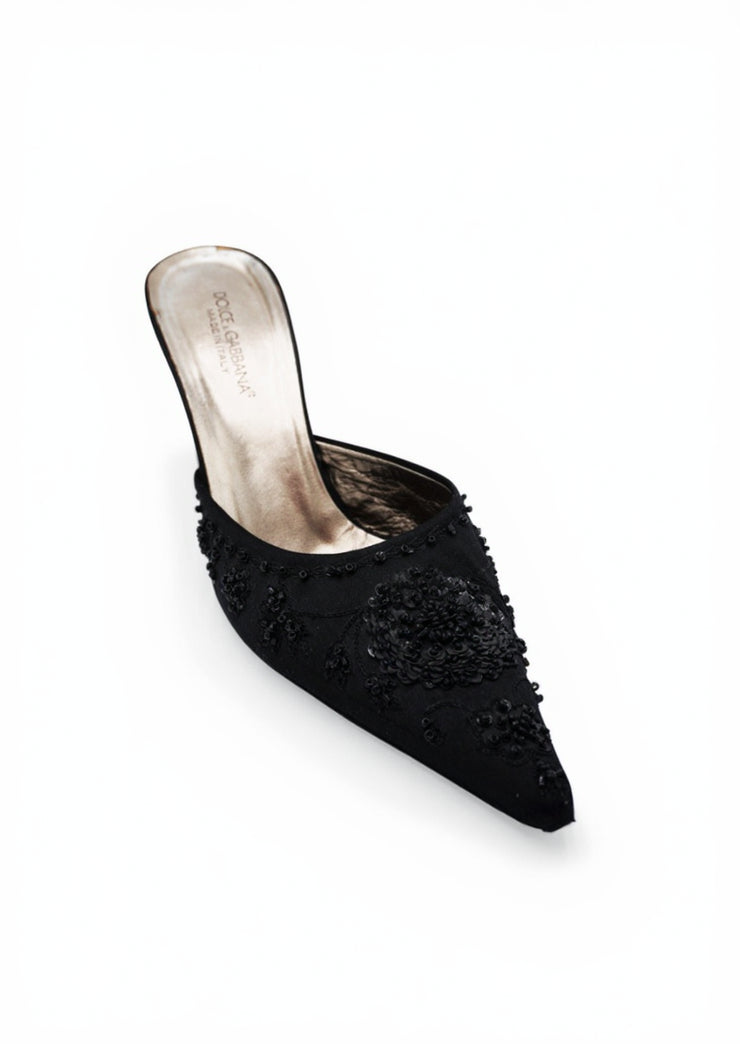 Dolce & Gabbana Black Beaded Satin Mules, size 38