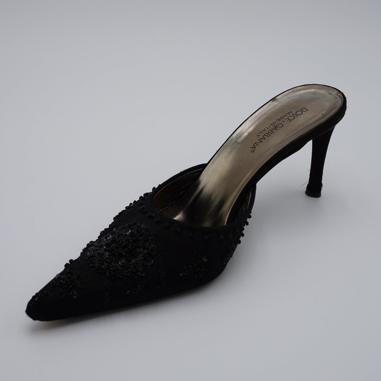 Dolce & Gabbana Black Beaded Satin Mules, size 38