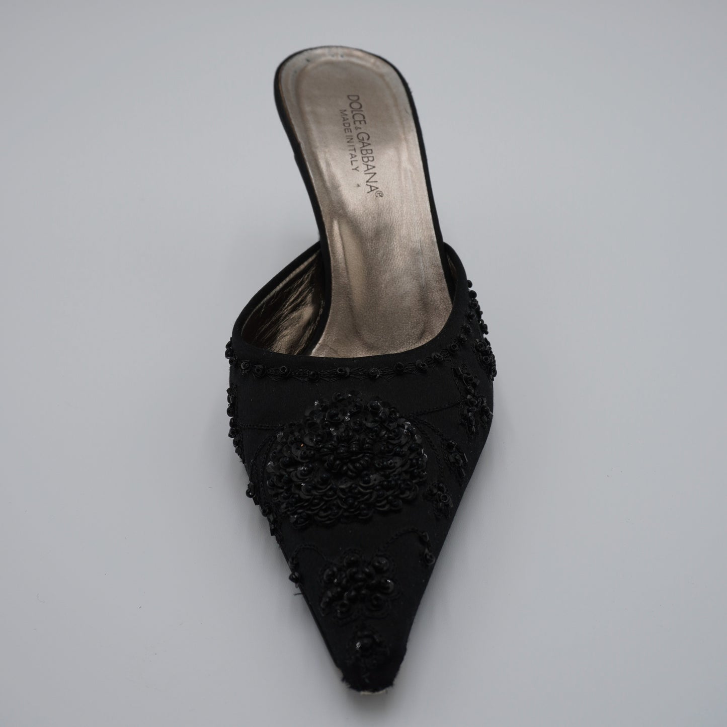 Dolce & Gabbana Black Beaded Satin Mules, size 38