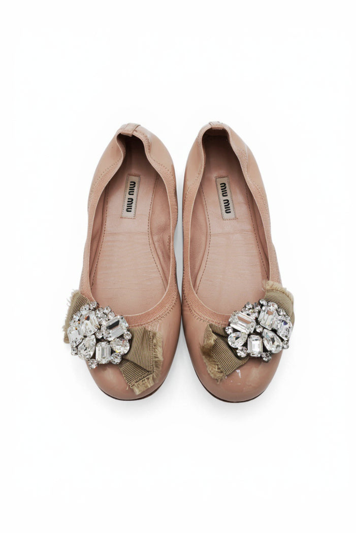 Miu Miu Crystal-Embellished Patent Leather Ballet Flats