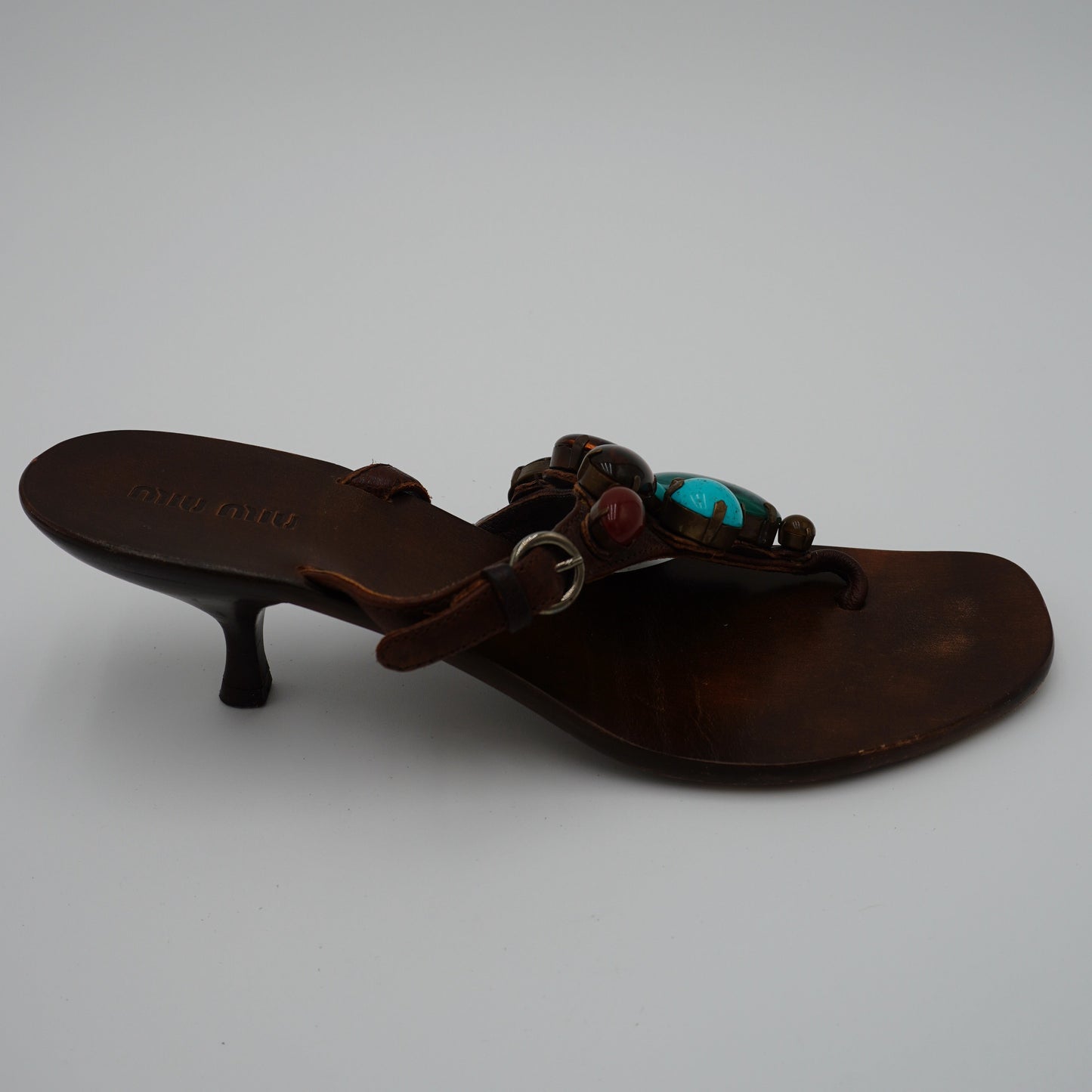 Miu Miui Leather Stone-Embellished Sandals, size 39