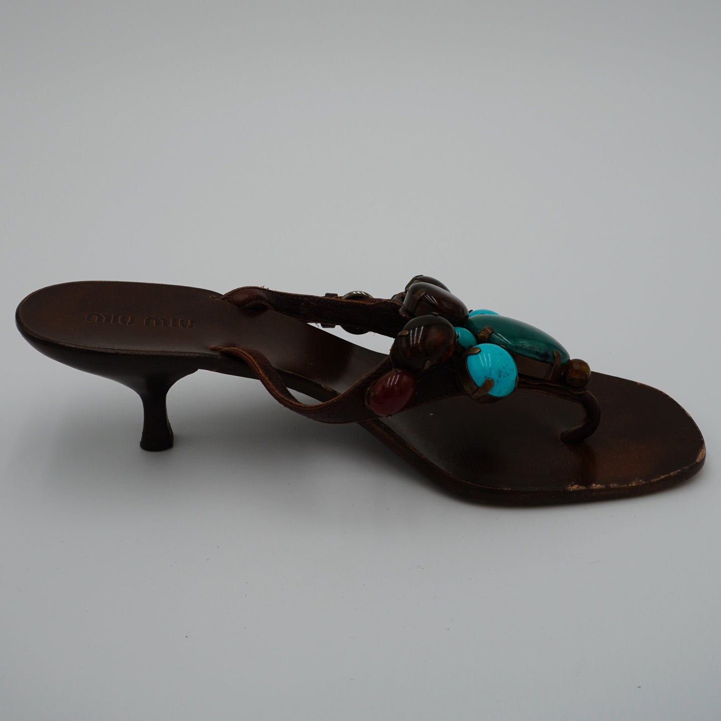 Miu Miui Leather Stone-Embellished Sandals, size 39