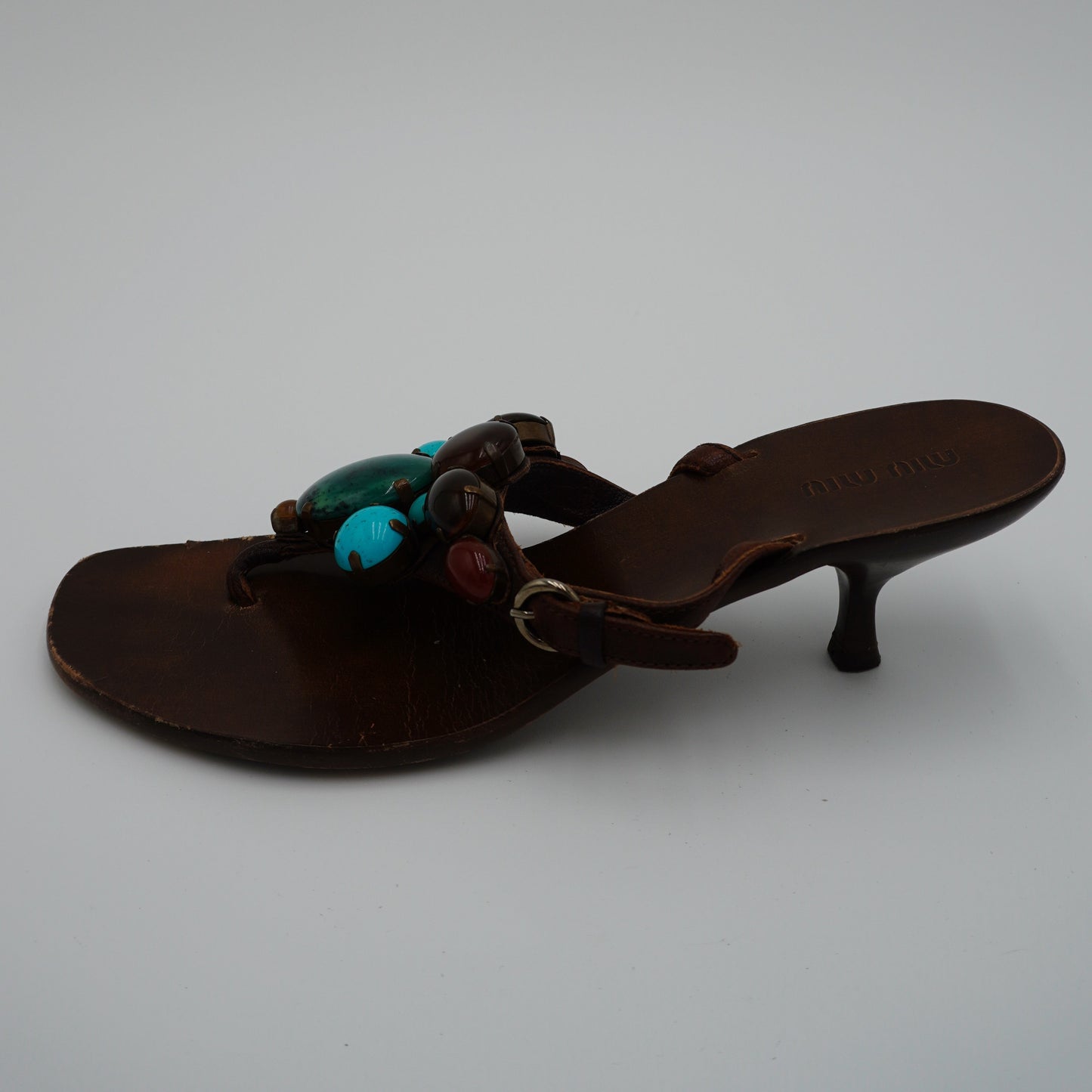 Miu Miui Leather Stone-Embellished Sandals, size 39
