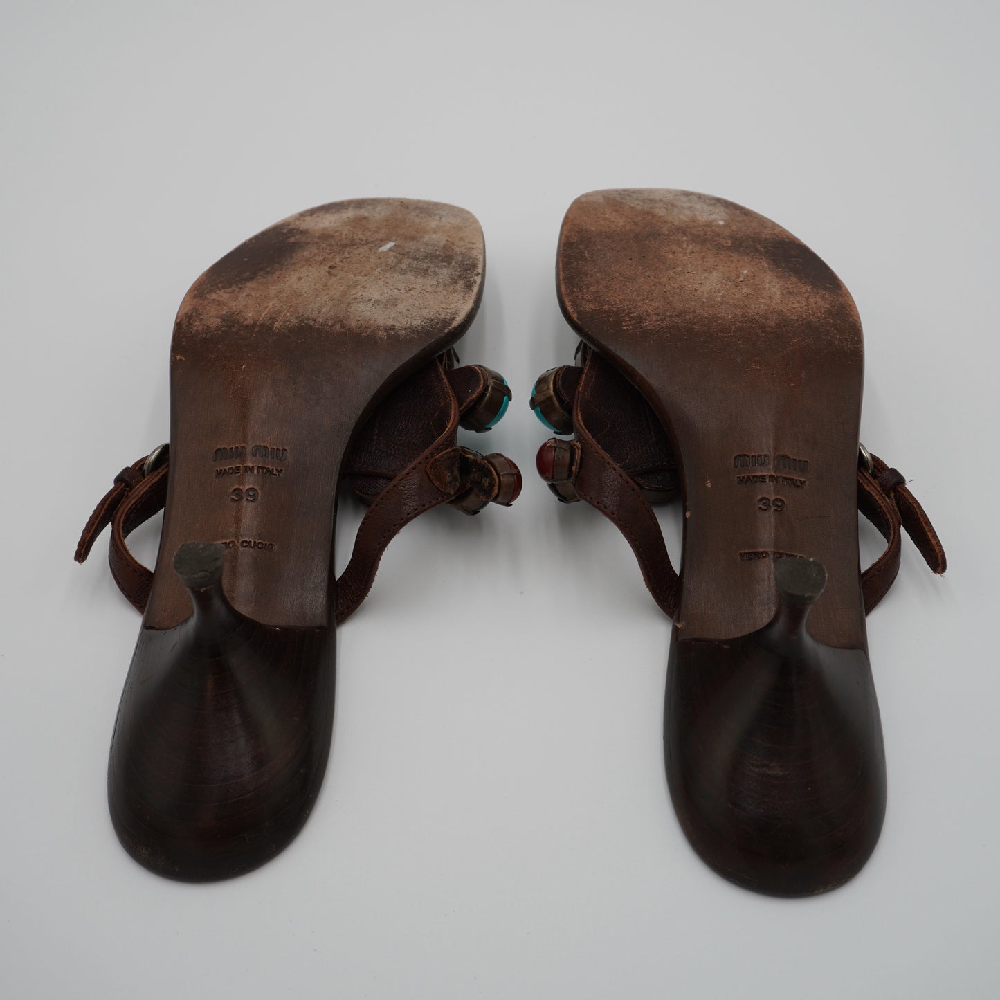 Miu Miui Leather Stone-Embellished Sandals, size 39