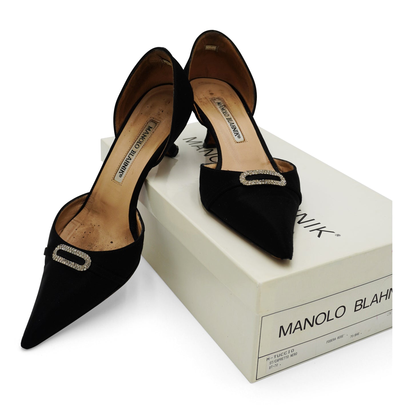 Manolo Blahnik Satin Crystal Buckle Pumps, size 37