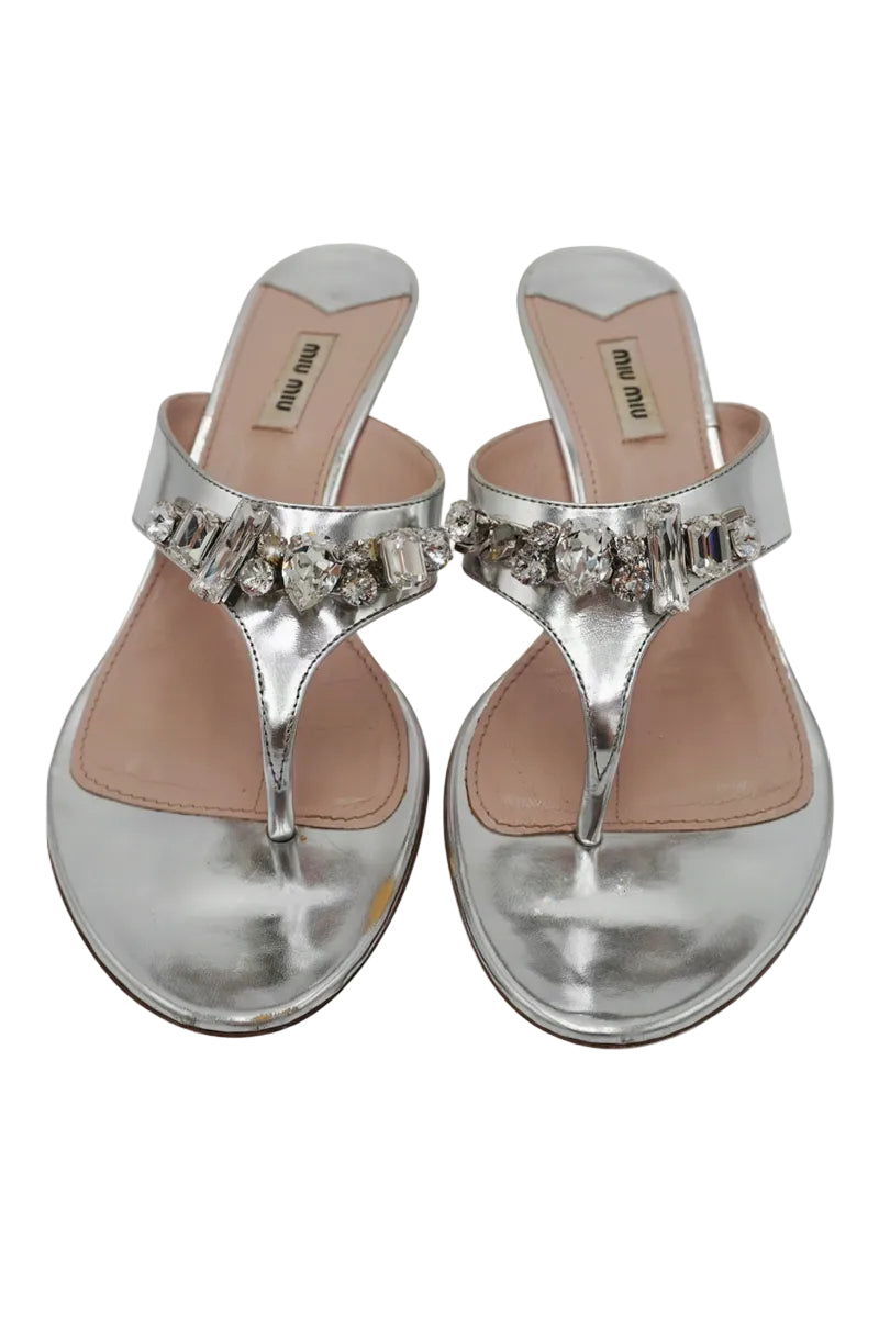 Miu Miu Crystal-Embellished Patent Leather T-Strap Sandals, Size 40.5