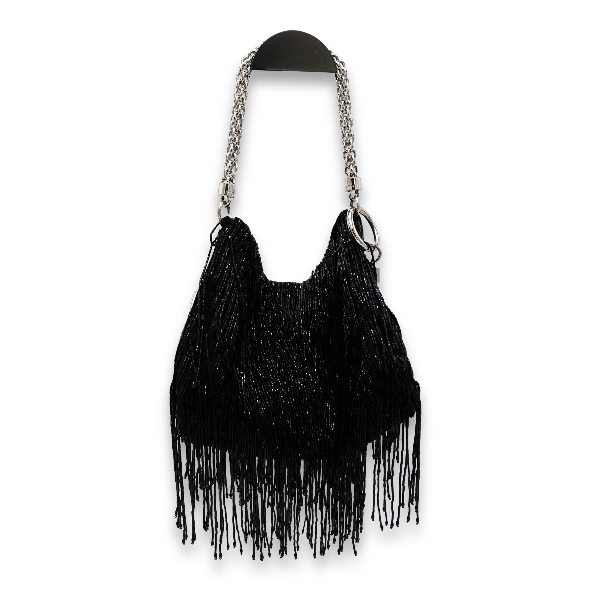 Jimmy Choo Black Satin Beaded Fringe Evening Bag