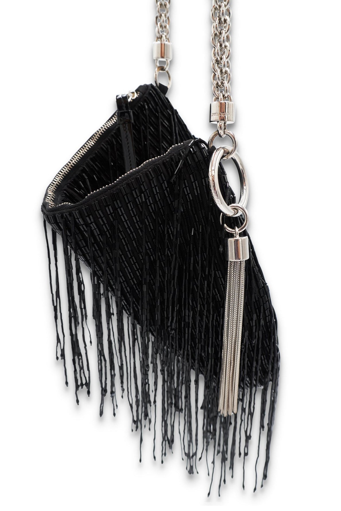 Black fringe clutch with silver chain