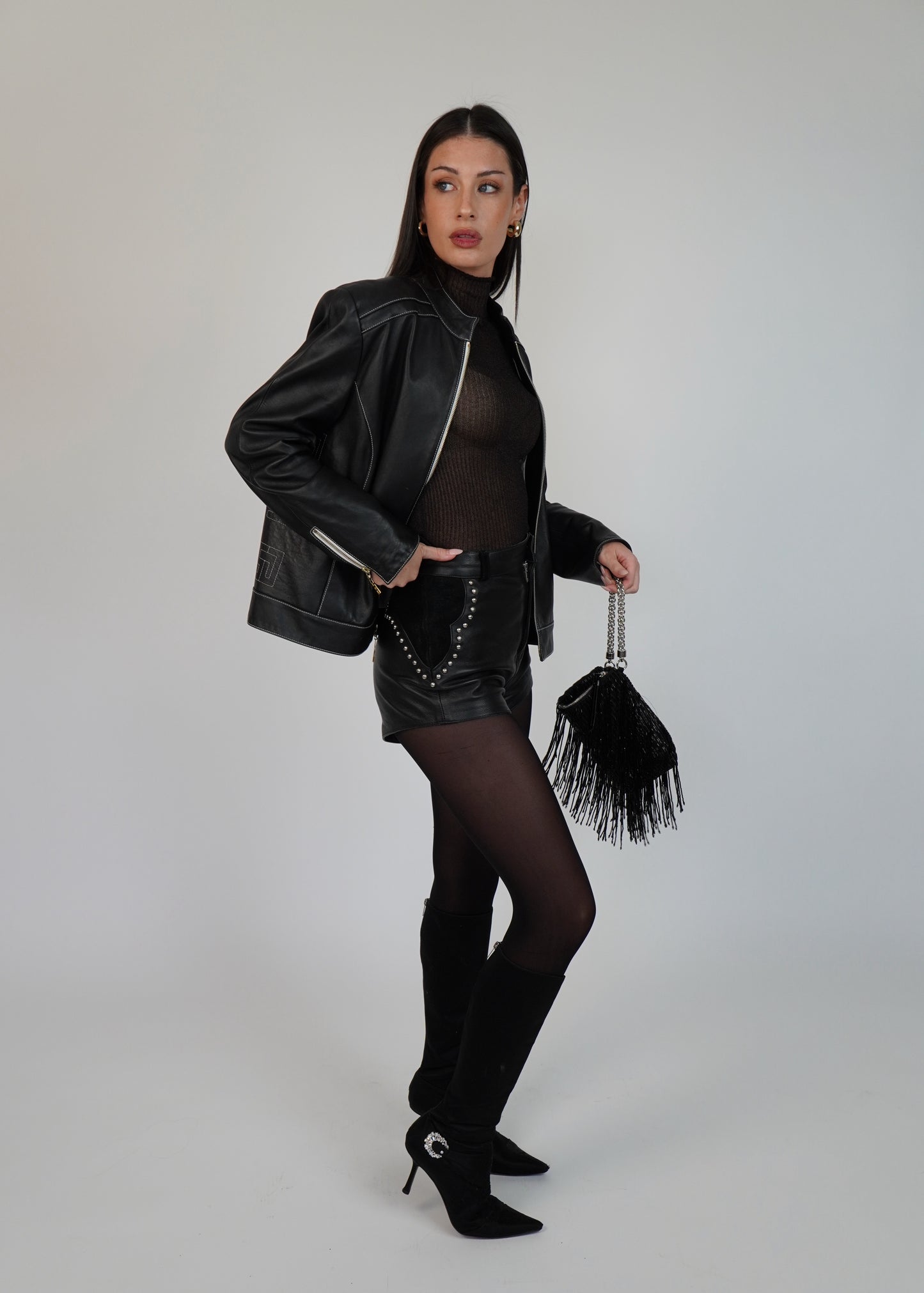 Understated Leather Studded Leather Shorts with Suede Panels