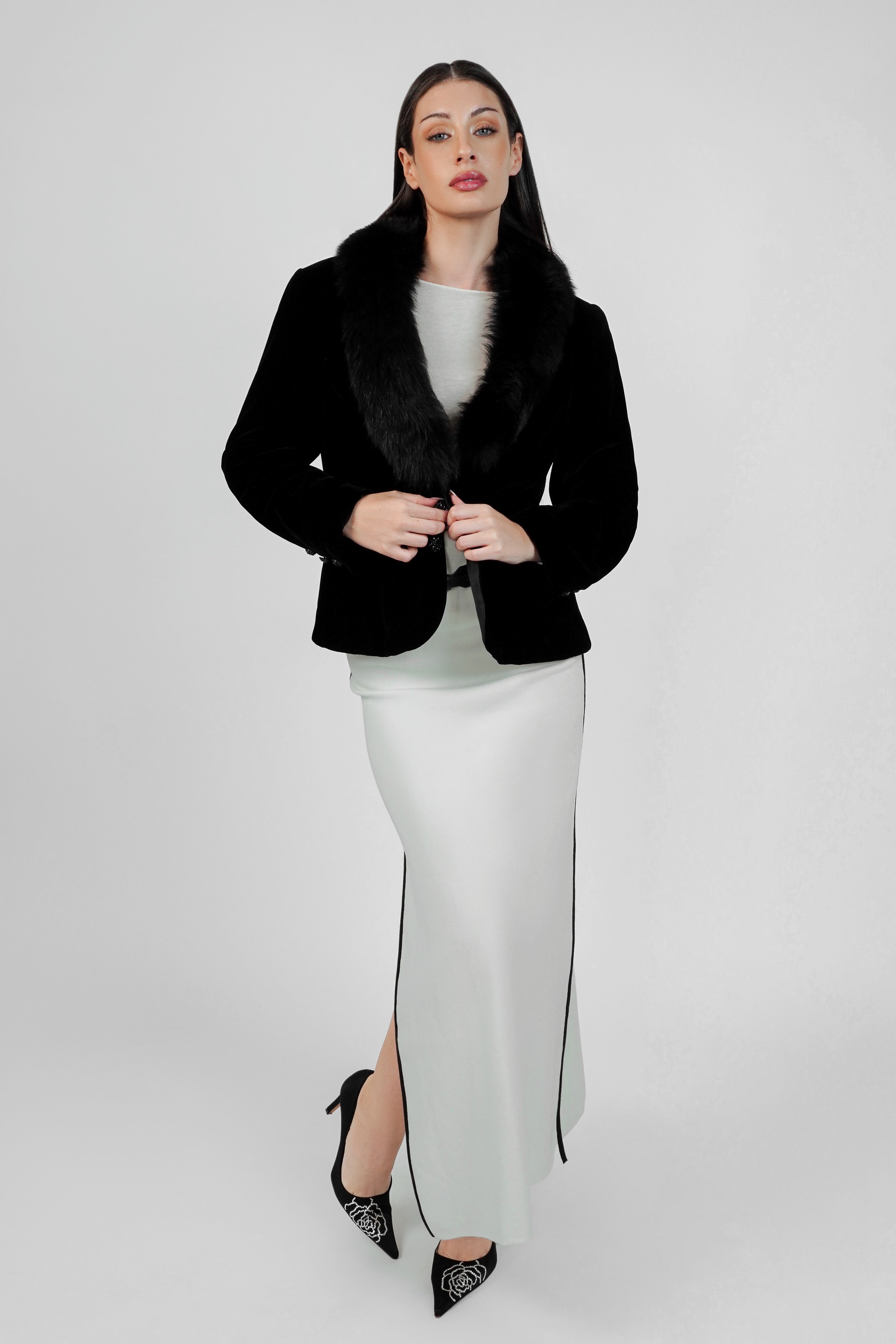 Victor Costa by Nahdreé Velvet Jacket with Faux Fur Collar & Crystal Buttons