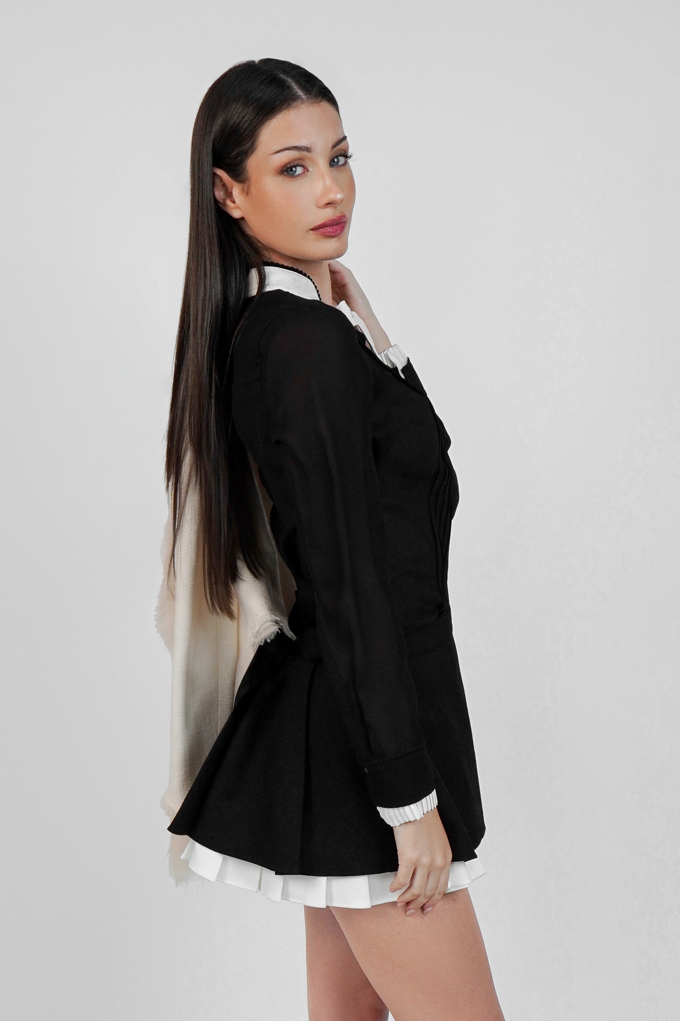 Shushu/Tong Black Pleated Mini Skirt with Contrast Ruffle Hem