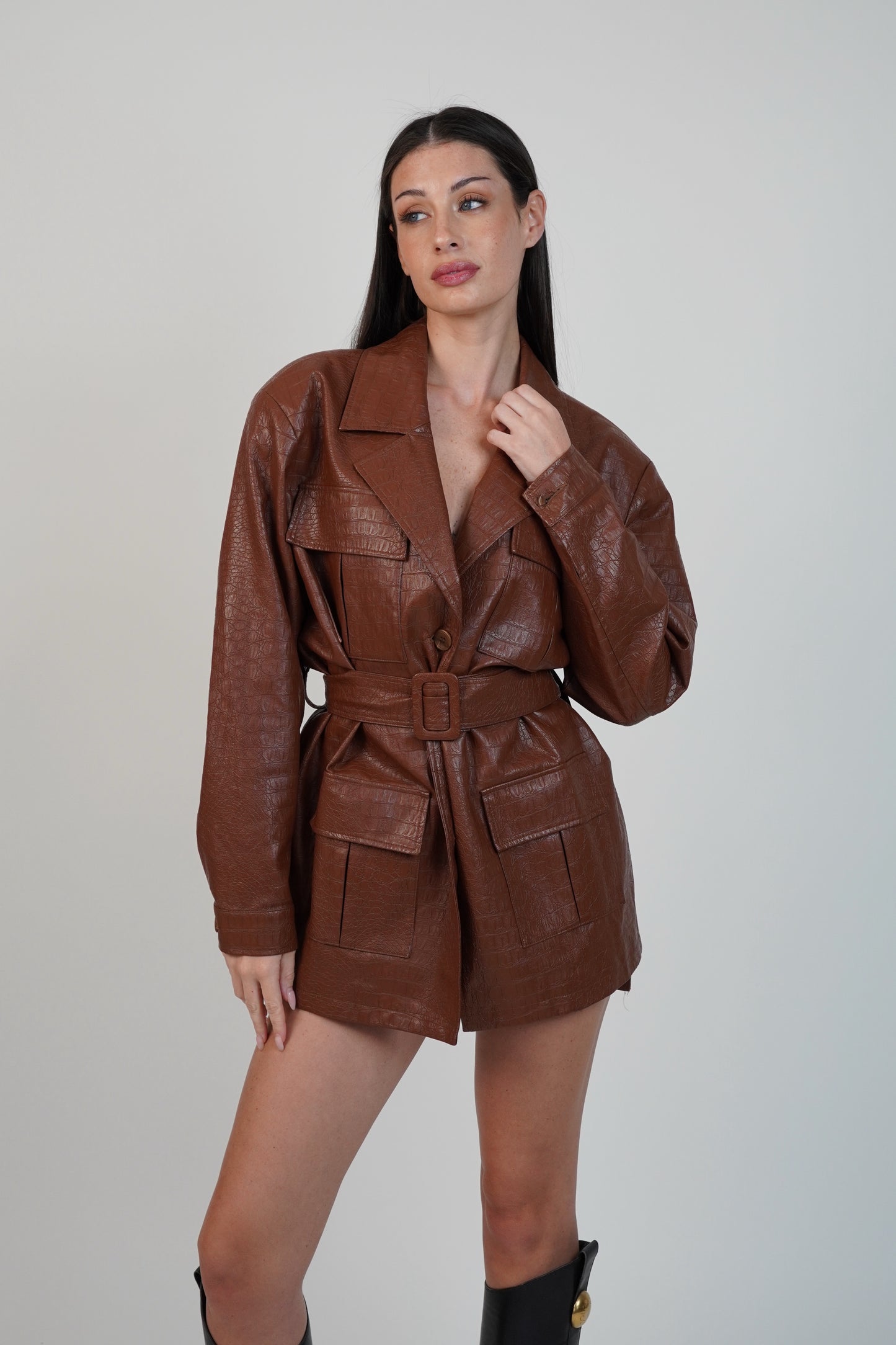 Andamane Faux Leather Belted Jacket