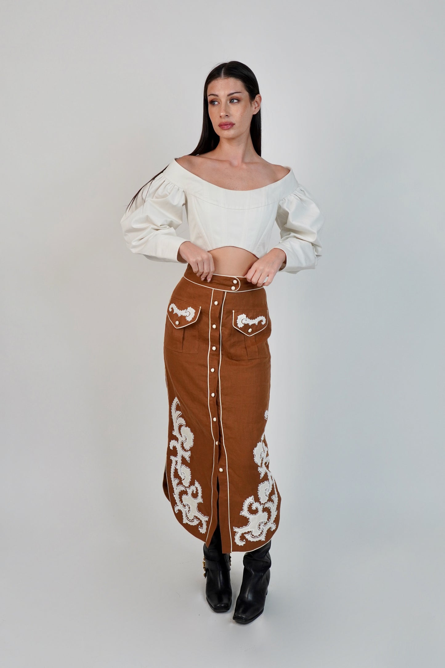 ALÉMAIS Ruby Applique Linen Midi Skirt