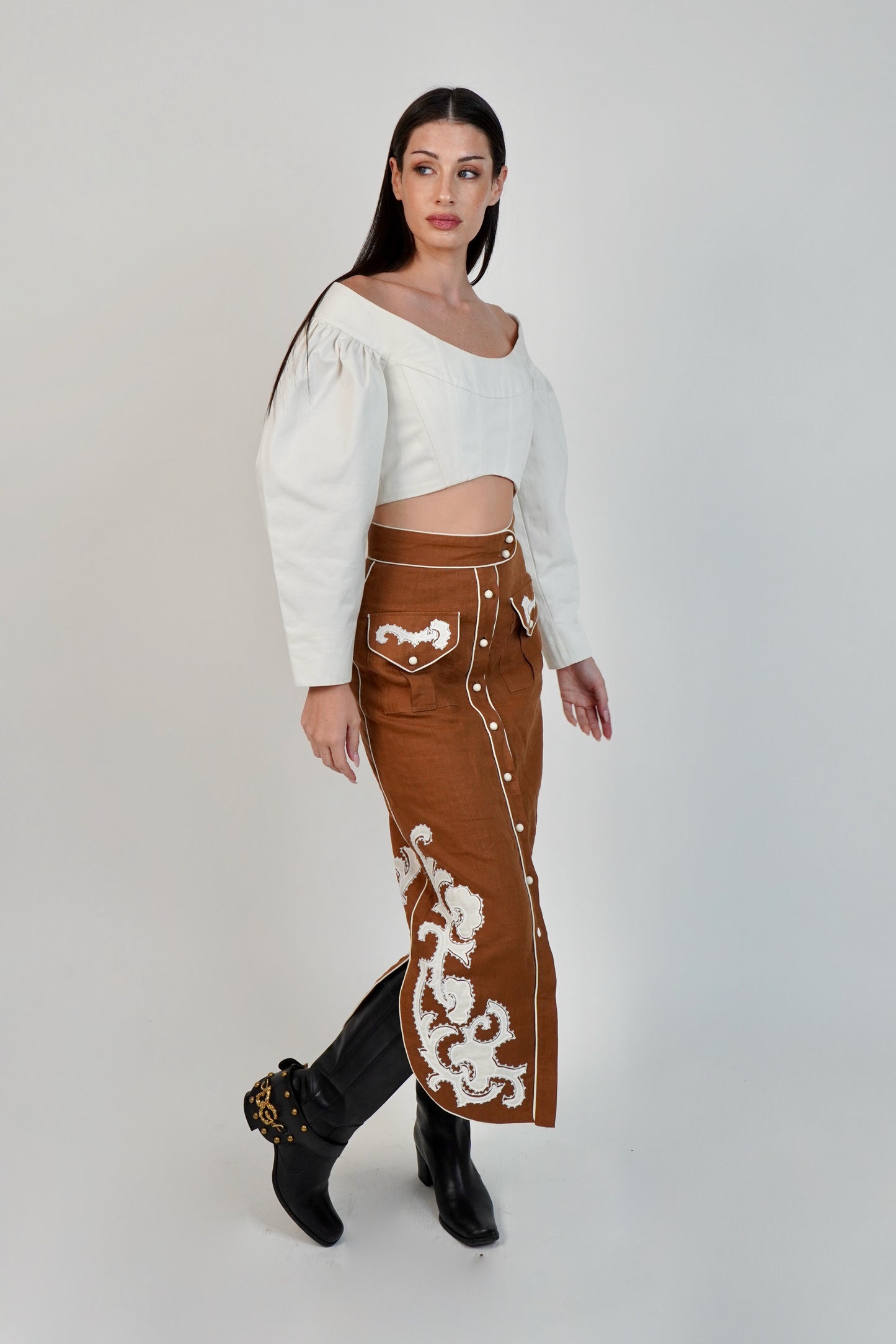 ALÉMAIS Ruby Applique Linen Midi Skirt