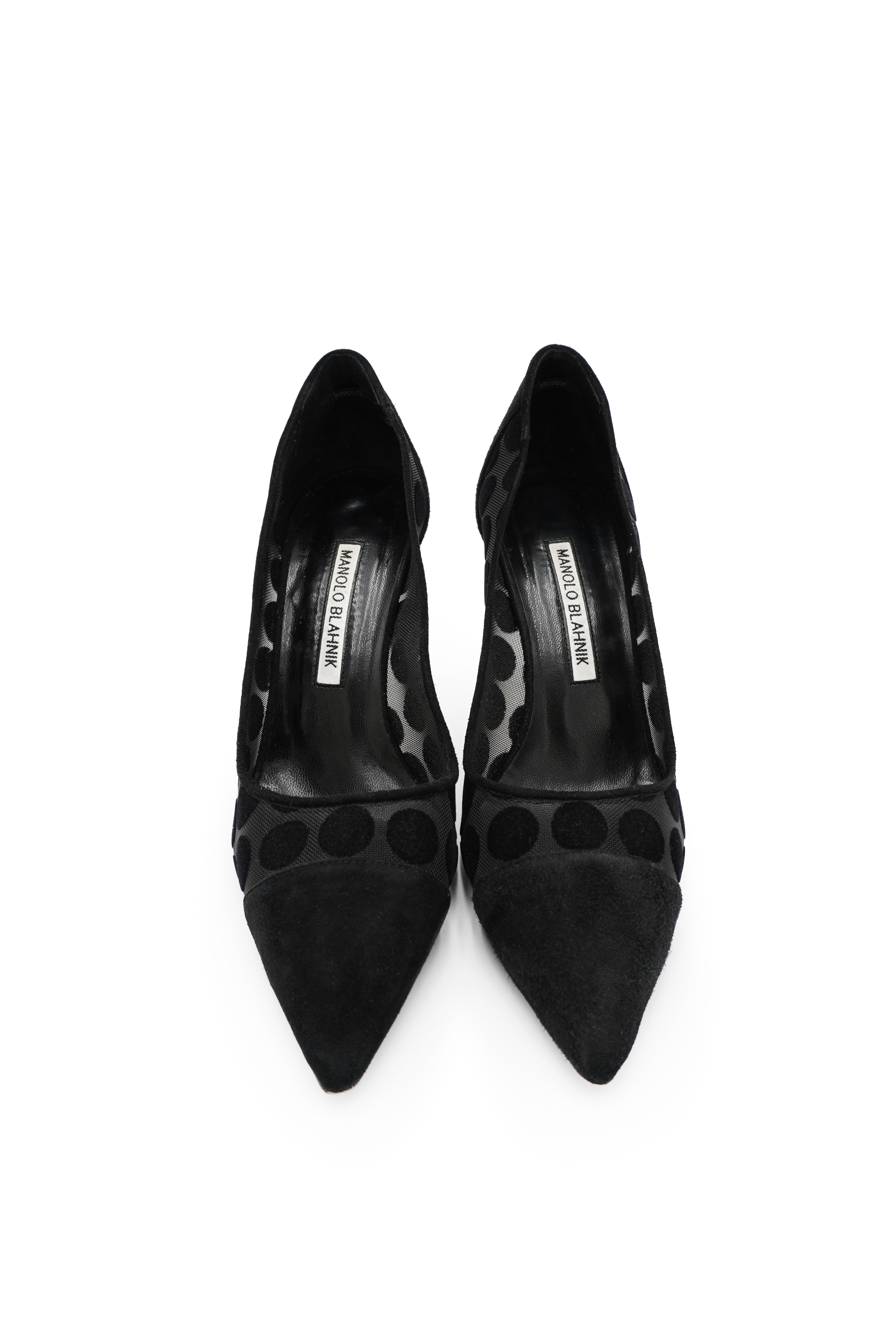 Manolo Blahnik Black Polka Dot Mesh & Velvet Pumps