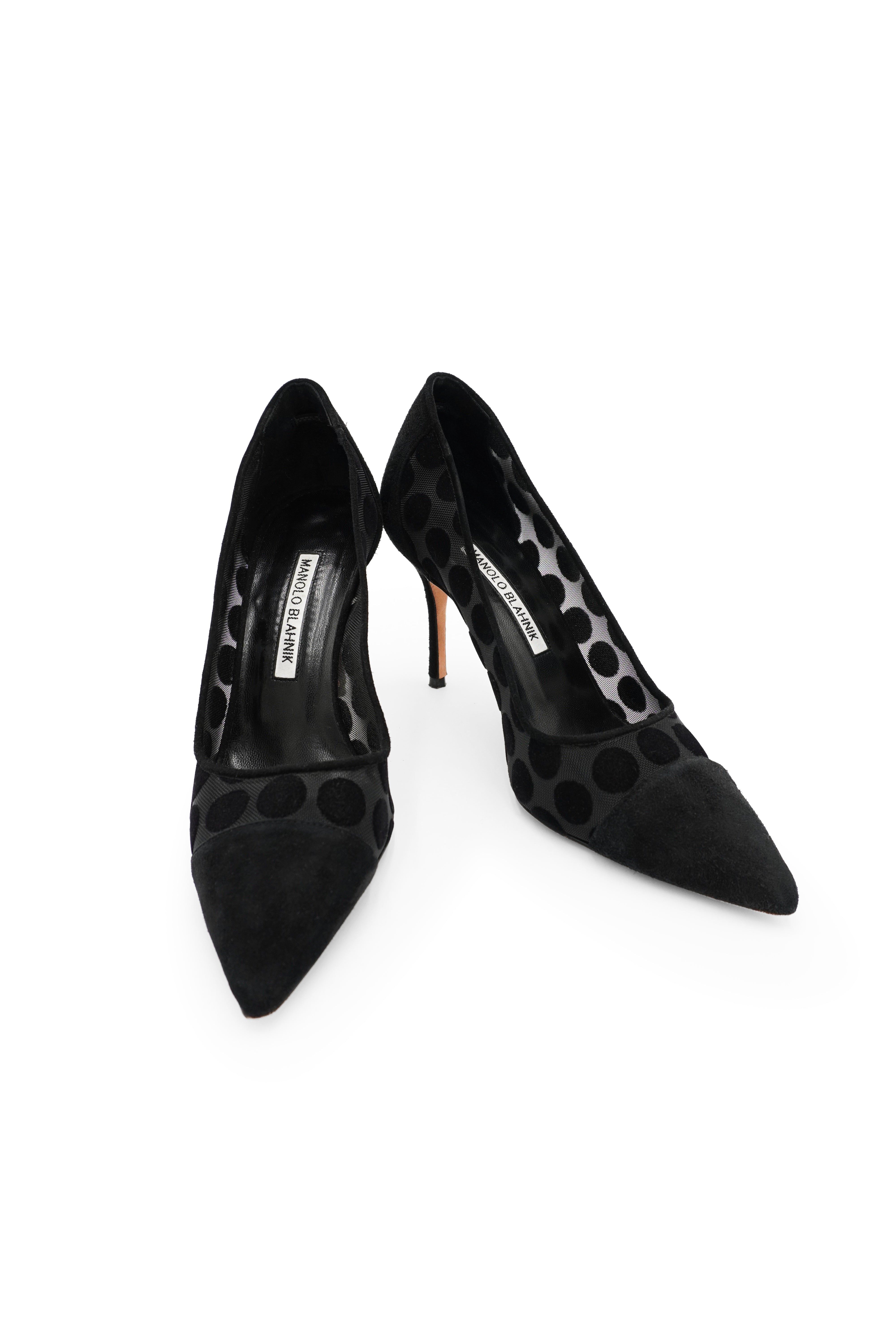 Manolo Blahnik Black Polka Dot Mesh & Velvet Pumps