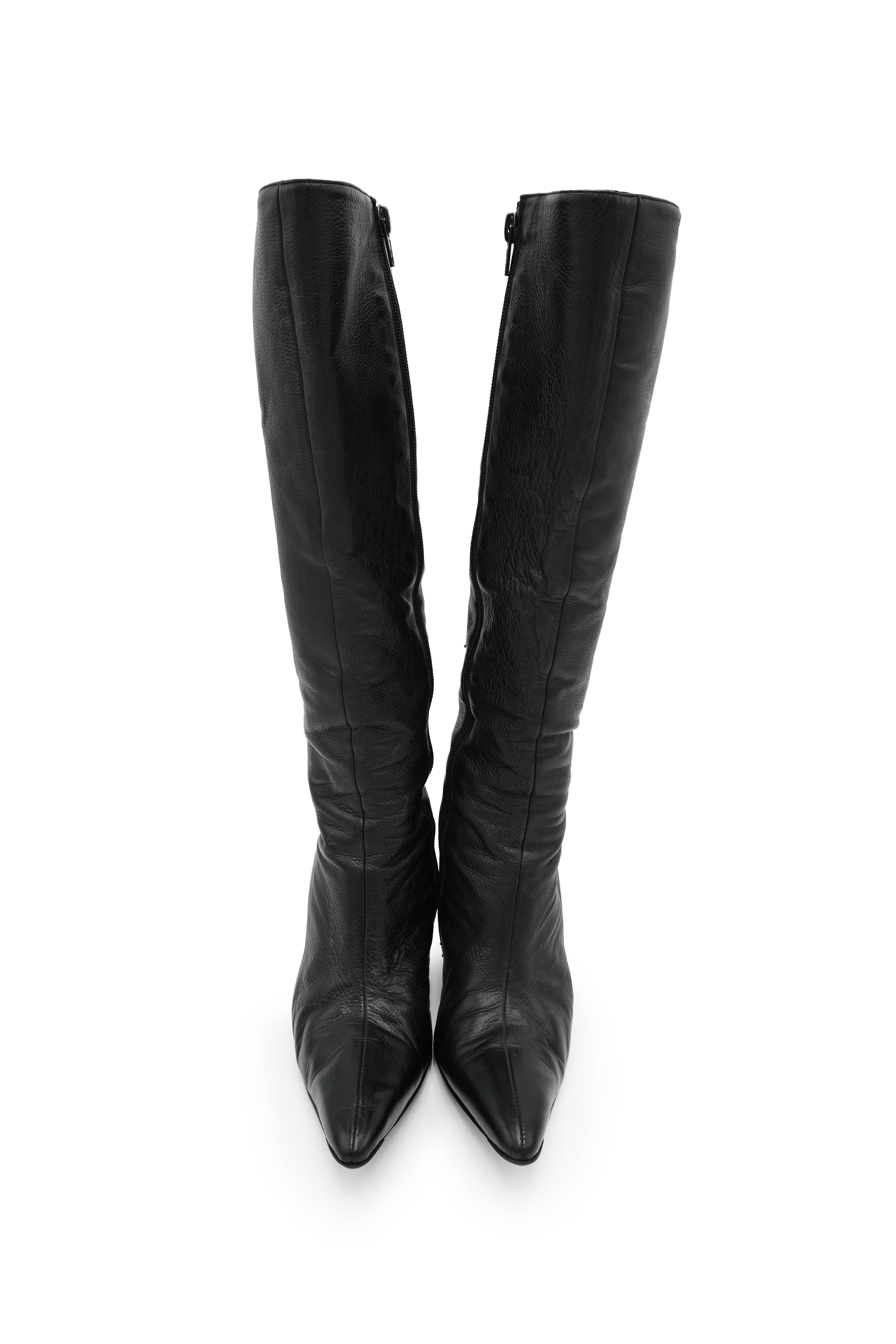 Manolo Blahnik Black Leather Lace-Detail Knee-High Boots