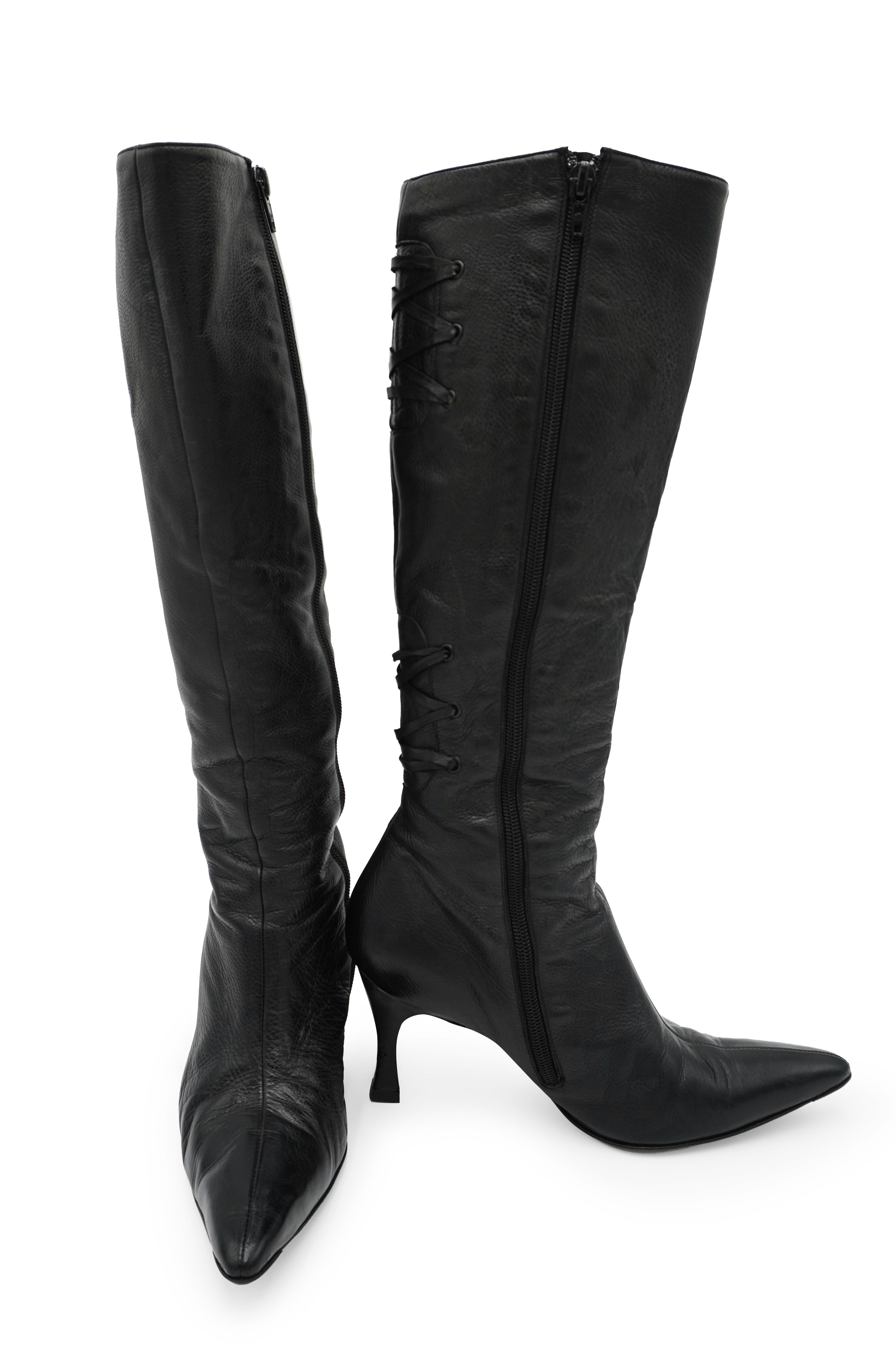 Manolo Blahnik Black Leather Lace-Detail Knee-High Boots